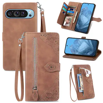 Front. Dteck - for Google Pixel 10 Pro/10 & 9/9 Pro Wallet Case,Shockproof PU Leather Card Holder Cover with Zipper Pocket & Wriststrap - Brown.