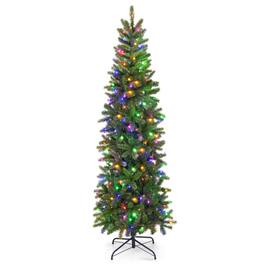 WELLFOR - 6 ft Pre‑Lit Pencil Artificial Christmas Tree with 648 PE & PVC Mixed Tips, 270 Dual‑Color LED Lights& Foot Pedal - Green