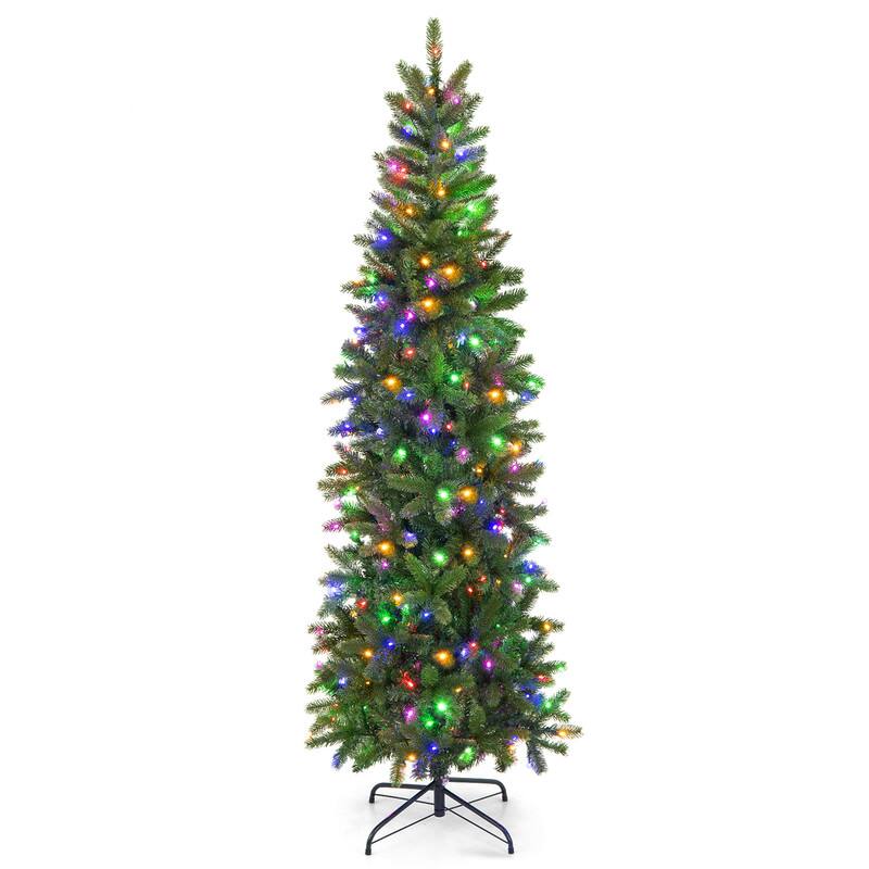 Front. WELLFOR - 6 ft Pre‑Lit Pencil Artificial Christmas Tree with 648 PE & PVC Mixed Tips, 270 Dual‑Color LED Lights& Foot Pedal - Green.