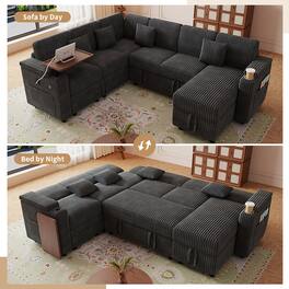 Anysun - 100" Pull-Out Sofa Bed w/ USB, Table Board & Cup Holder, Corduroy Fabric, U-Shape Combo, Storage Lounge - Dark Gray