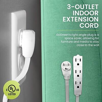 3-OUTLET INDOOR EXTENSION CORD

GoGreen's right angle plug is a space saver, allowing for furniture and media to stay close to the wall

UL US LISTED