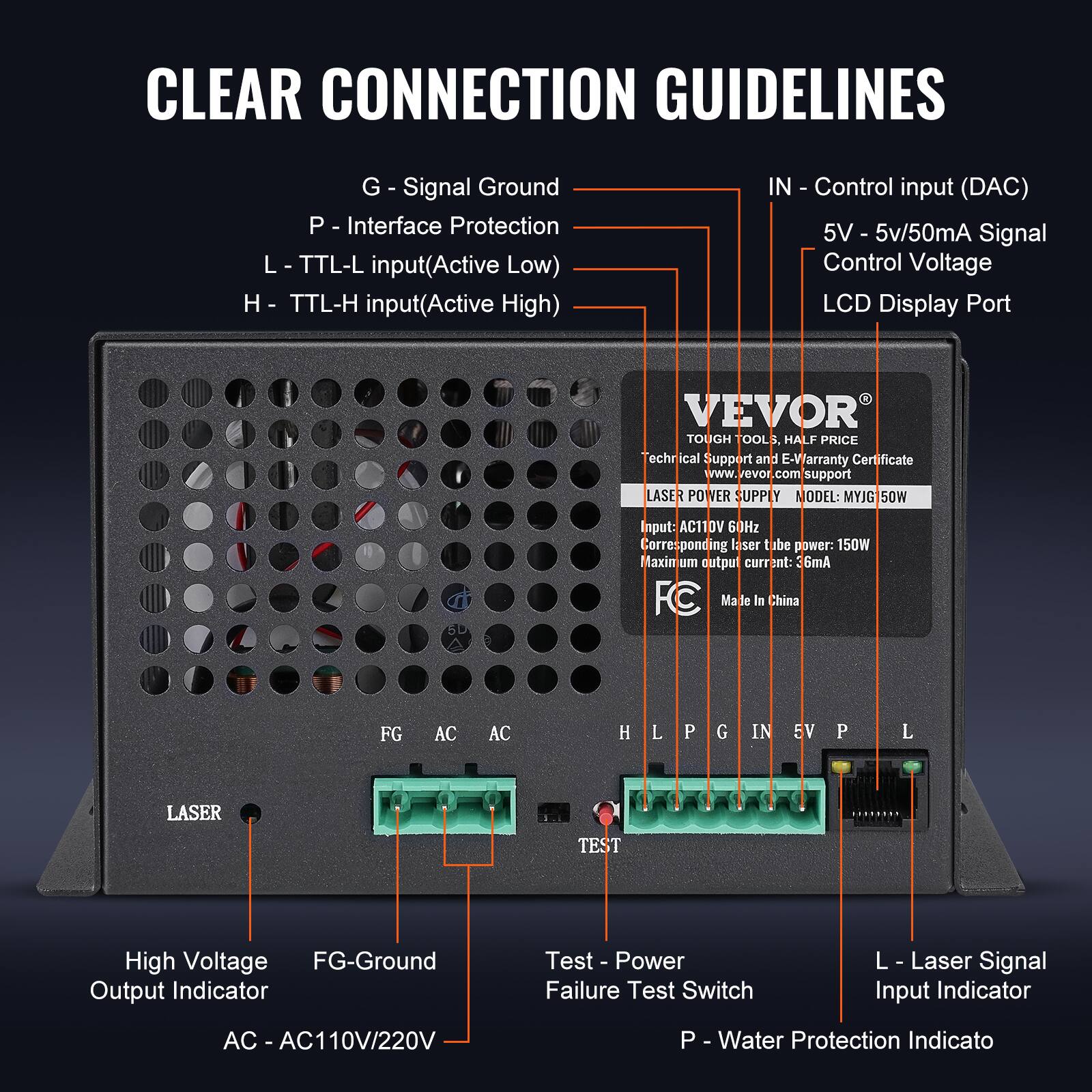CLEAR CONNECTION GUIDELINES

G - Signal Ground  
P - Interface Protection  
L - TTL-L input (Active Low)  
H - TTL-H input (Active High)  
IN - Control input (DAC)  
5V - 5V/50mA Signal Control Voltage  
LCD Display Port  

FG - Ground  
AC - AC110V/220V  
LASER  
High Voltage Output Indicator  
Test - Power Failure Test Switch  
L - Laser Signal Input Indicator  
P - Water Protection Indicator  

VEVOR  
TOUGH TOOLS. HALF PRICE  
Technical Support and E-Varranty Certificate  
www.vevor.com/support  
LASER POWER SUPPLY  
MODEL: MYJG 50W  
Input: AC110V 60Hz  
Corresponding laser tube power: 150W  
Maximum output current: 3mA  
Made In China  

FG-Ground  
AC - AC110V/220V  
H L P G IN 5V P L