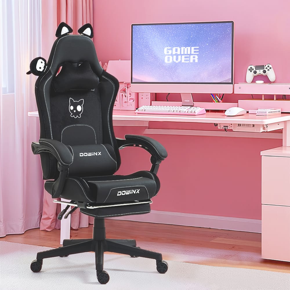 Dowinx - Cute Cat-Ear Gaming Chair with Massaging Lumbar Support, Ergonomic Game Chair for Adults with Footrest & Headrest - Black Cat