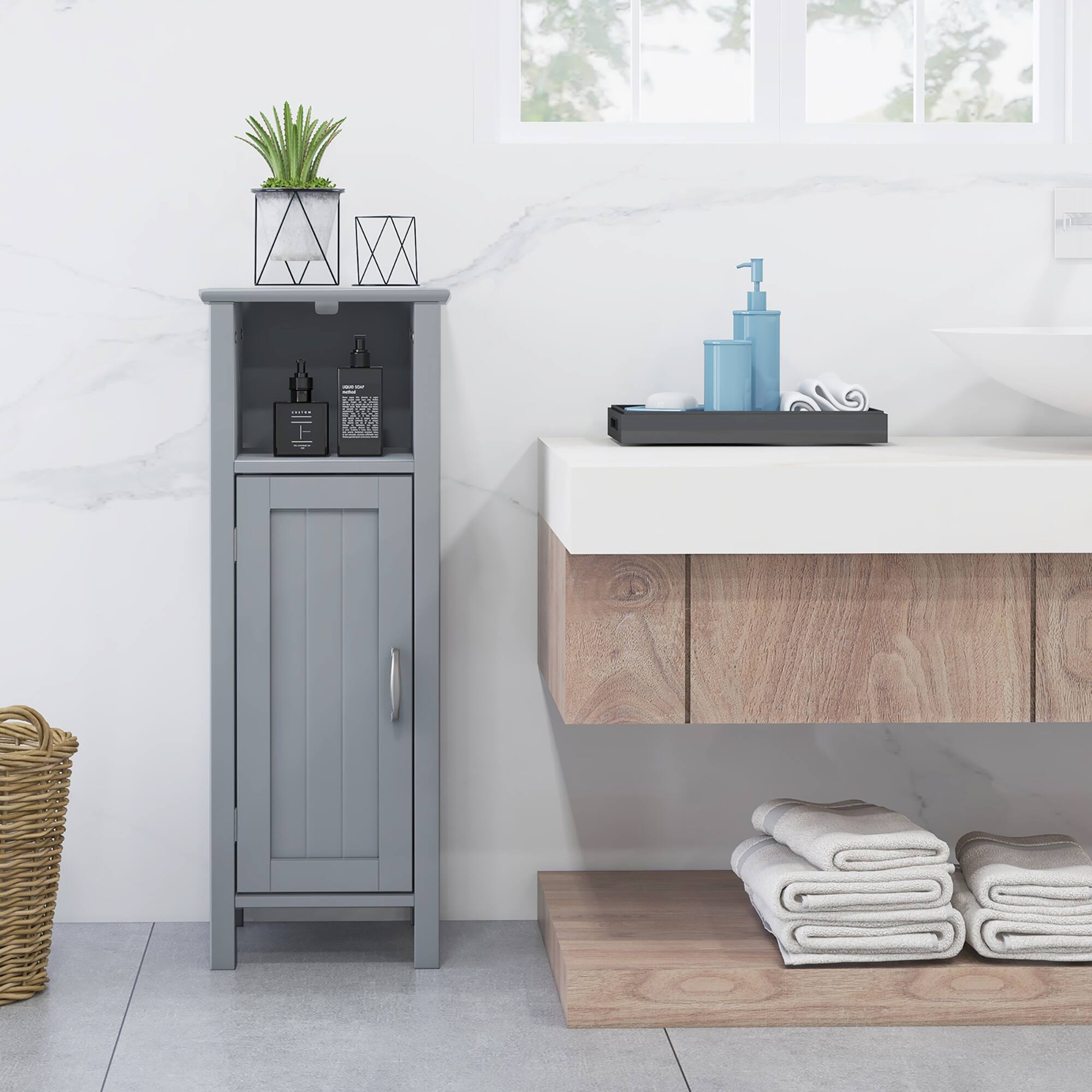 Alt View 1. Gymax - Gymax Bathroom Storage Organizer Narrow Floor Cabinet w/ 2-Tier Cabinet Open Compartment Gray - Grey.