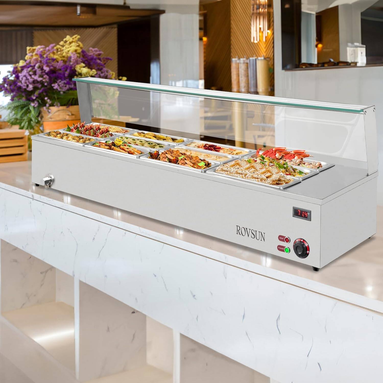 Alt View 7. Winado - 96QT 1500W Electric Commercial Food Warmer, 12-Pan Steam Table 8QT/Pan Stainless Steel Bain Marie Countertop w/Shield - Silver.