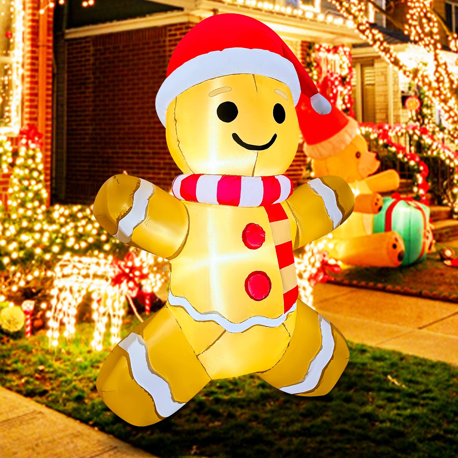 Back. GOOSH Inflatables - GOOSH 5.2FT Gingerbread Man Inflatable with Santa Hat and LED Lights for Christmas Décor - Brown.