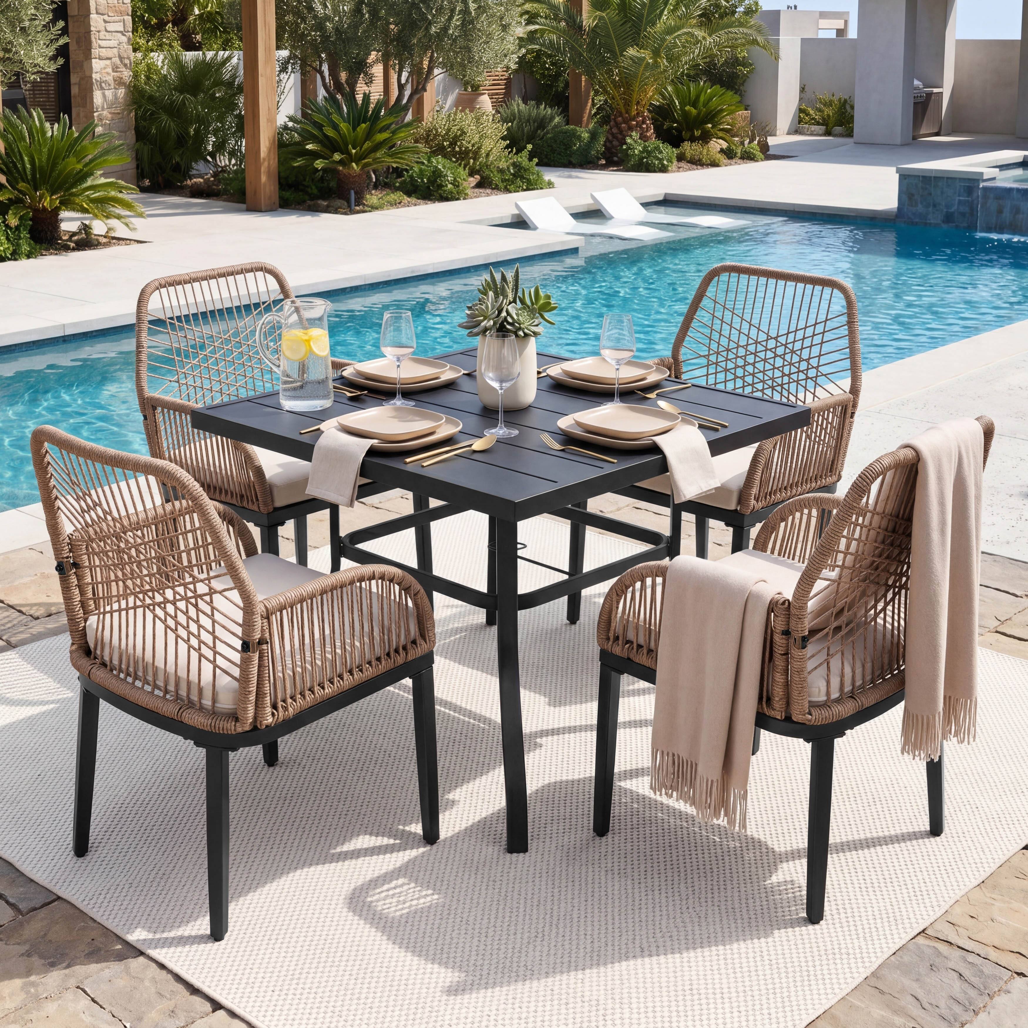 Angle. Nuu Garden - 5PCS Rattan Metal Patio Dining Set with Umbrella Hole, Zippered Cushions - Twisted Rattan.