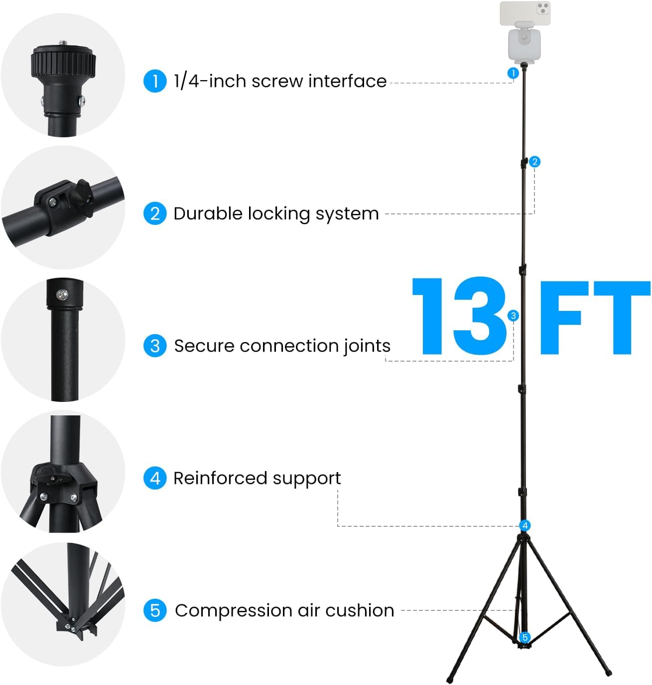 1. 1/4-inch screw interface
2. Durable locking system
3. Secure connection joints
4. Reinforced support
5. Compression air cushion
