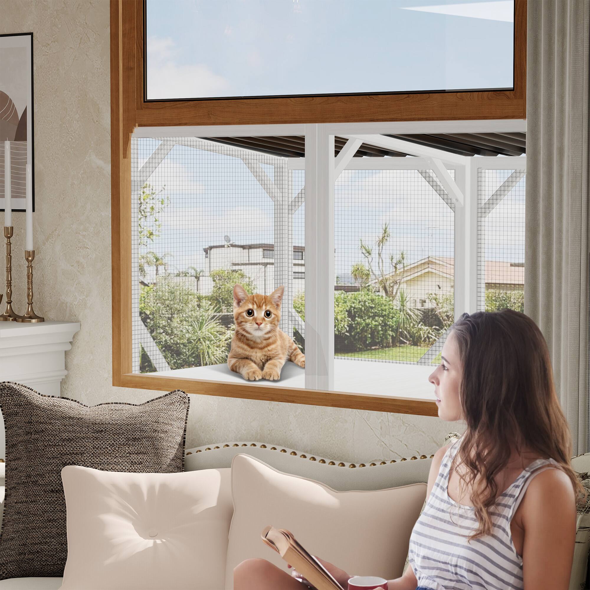 Alt View 3. Glintex - Cat Window Box, Outdoor Cat Enclosure with Bug Proof Net for Sunbathing,  Window Perch for Large Indoor Cats.