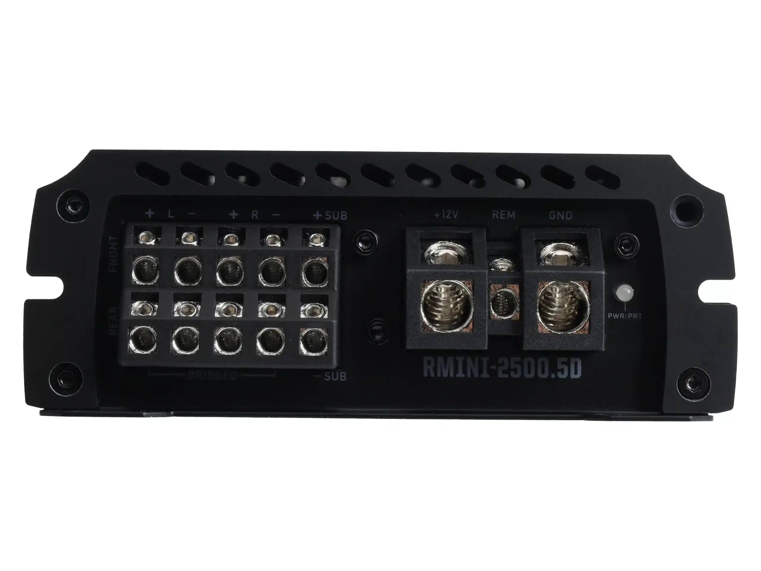 FRONT + L - R + SUB + 12V REM GND REAR BRIDGED SUB PWR/PRT RMINI-2500.5D
