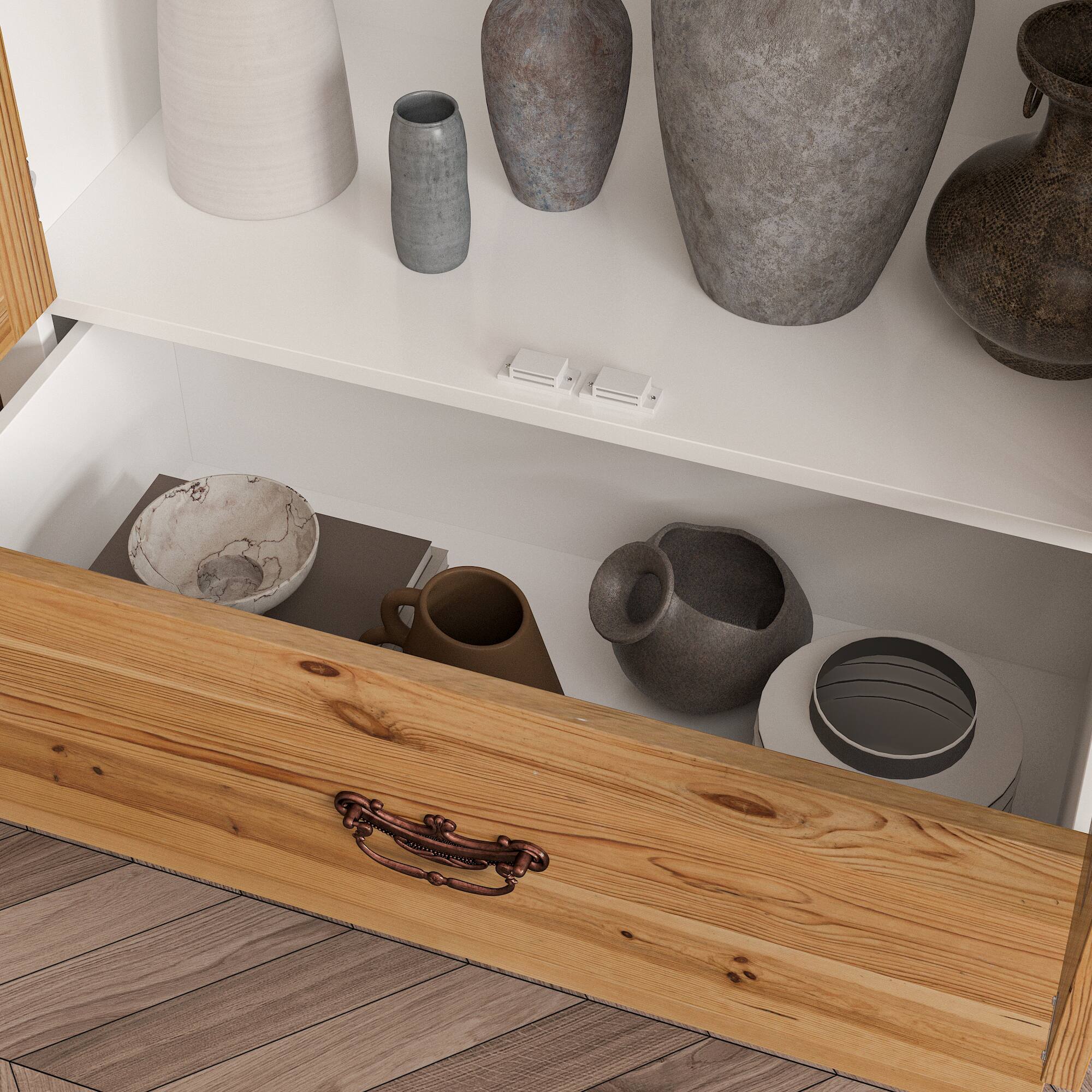 Alt View 7. FUFU & GAGA - FUFU&GAGA Vintage Glass - Door Display Cabinet: Carved Details, Mixed - Material, Multi - Shelf - White.