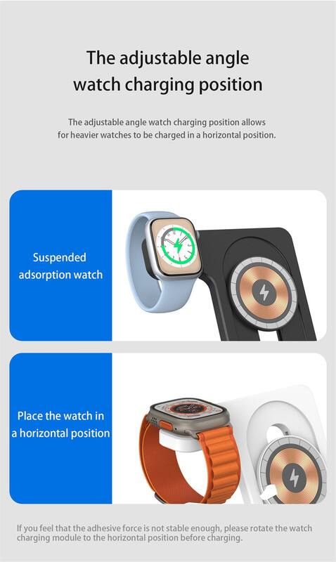 The adjustable angle watch charging position

The adjustable angle watch charging position allows for heavier watches to be charged in a horizontal position.

Suspended adsorption watch

Place the watch in a horizontal position

If you feel that the adhesive force is not stable enough, please rotate the watch charging module to the horizontal position before charging.