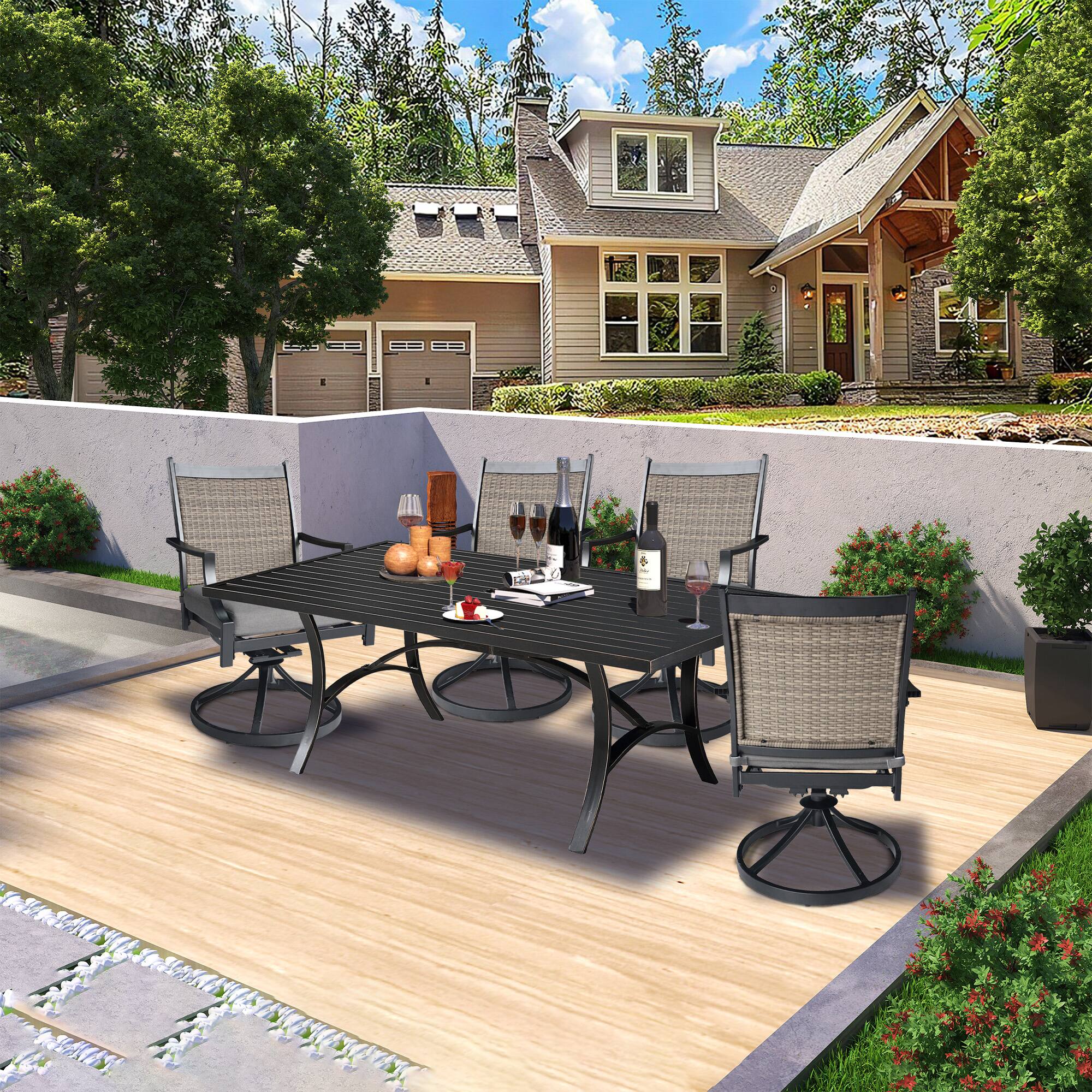 Left. Mondawe - 5-Piece Outdoor Dining Set with 360° Swivel Chairs and Blended Fabric Cushions - Black+Brown.