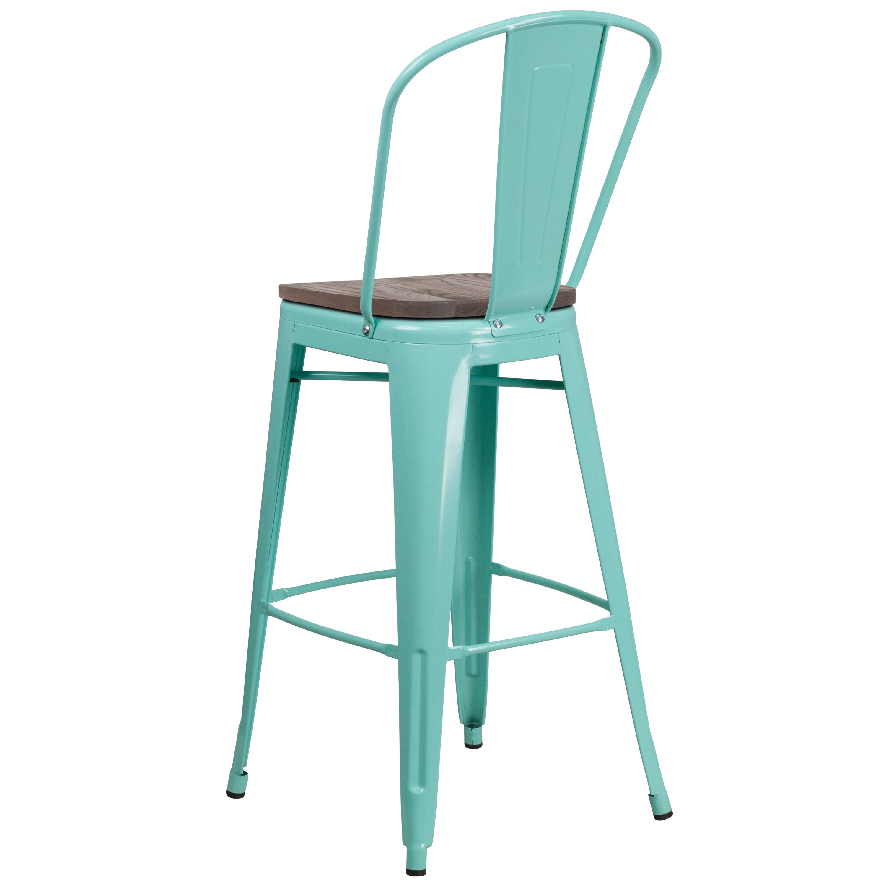 Alt View 3. Emma + Oliver - 30"H Metal Dining Barstool with Back and Wood Seat - Mint Green.
