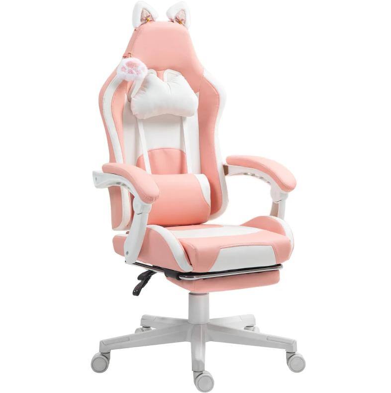 Alt View 5. Siljoy - Kawaii Cat Gaming Chair with Footrest, Removable Cat Ears & Paw, Lumbar Support for Home and Office - Pink,White.