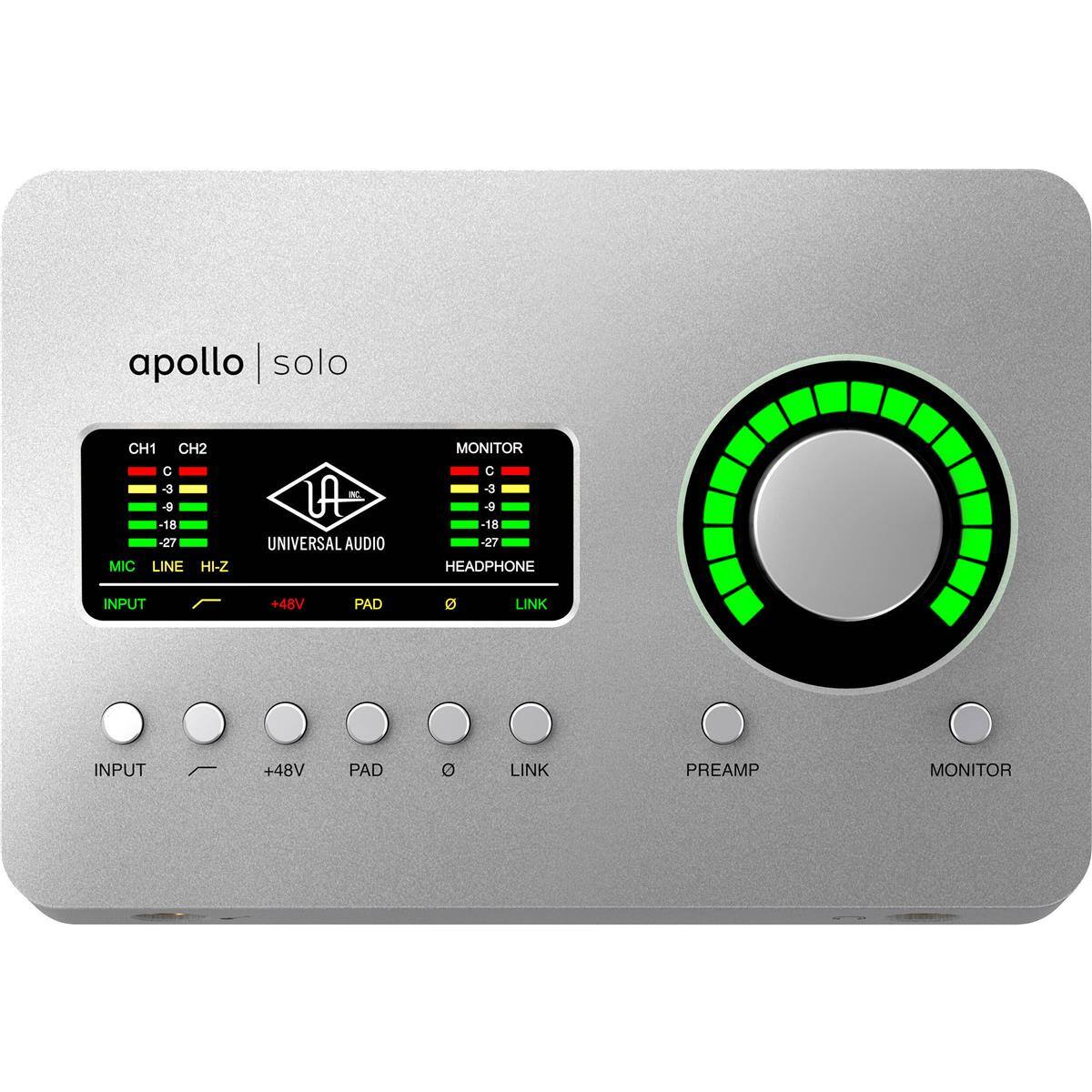 apollo solo

CH1 CH2
C -3 -9 -18 -27
MIC LINE HI-Z
LA A UNIVERSAL AUDIO
MONITOR
C -3 -9 -18 -27
HEADPHONE
INPUT +48V PAD O LINK
INPUT +48V PAD O LINK
PREAMP MONITOR