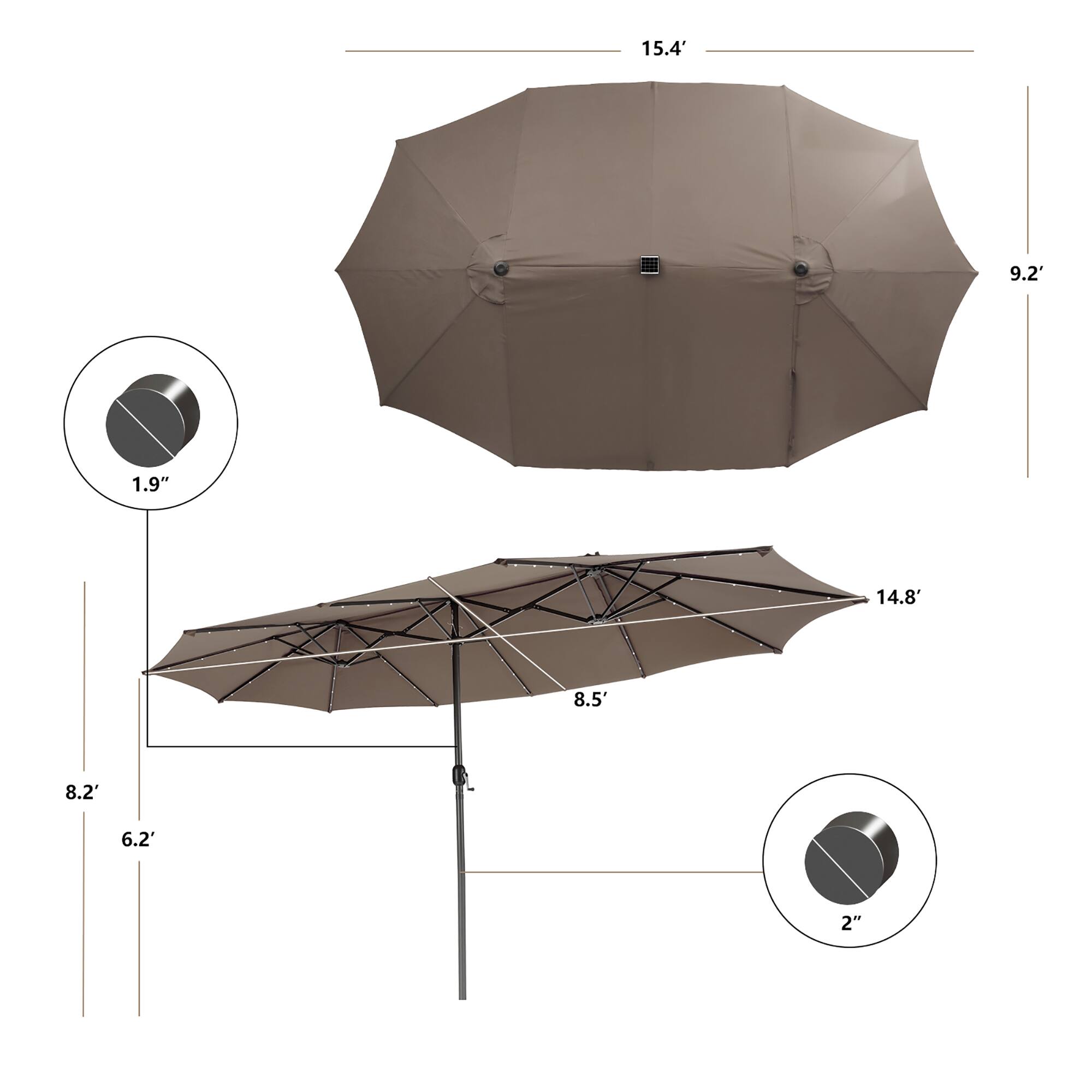 The text on the image reads: 15.4' 9.2' 1.9" 14.8' 8.5' 8.2' 6.2' 2". This information is likely related to the dimensions of the umbrella, such as the length, width, and height.