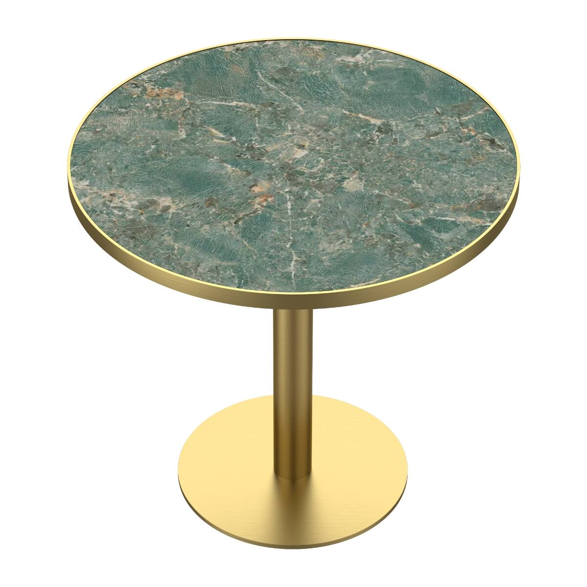 Left. Loheer - Loheer 31.5 inch Round Dining Table with Sintered Stone Tabletop and Gold Tone Base - Green and Gold.