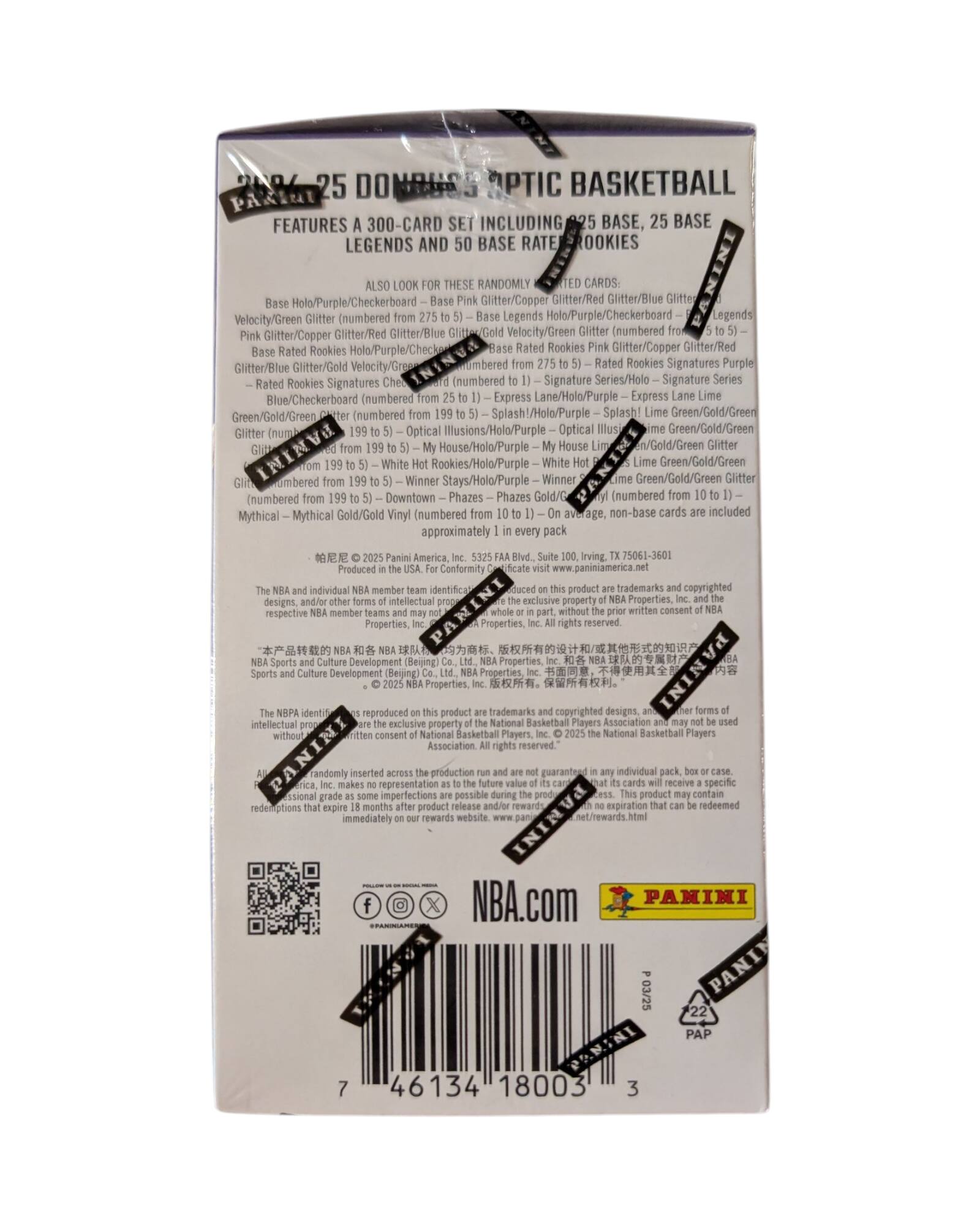 **25 DOMINUS OPTIC BASKETBALL**

**FEATURES A 300-CARD SET INCLUDING 25 BASE, 25 BASE LEGENDS AND 50 BASE RATE ROOKIES**

**ALSO LOOK FOR THESE RANDOMLY INSERTED CARDS:**

- Base Holo/Purple/Checkerboard – Base Pink Holo/Purple/Checkerboard – Base Velocity/Green Glitter (numbered from 275 to 5) – Base Legends Holo/Purple/Checkerboard – Base Legends Velocity/Green Glitter (numbered from 275 to 5) – Base Rated Rookies Holo/Purple/Checkerboard – Base Rated Rookies Velocity/Green Glitter (numbered from 275 to 5) – Rated Rookies Signatures Purple (numbered from 199 to 5) – Signature Series/Holo – Signature Series Purple – My House/Holo/Purple – My House Lime Green/Gold/Green Glitter (numbered from 199 to 5) – White Hot Rookies/Holo/Purple – White Hot Lime Green/Gold/Green Glitter (numbered from 199 to 5) – Winner St