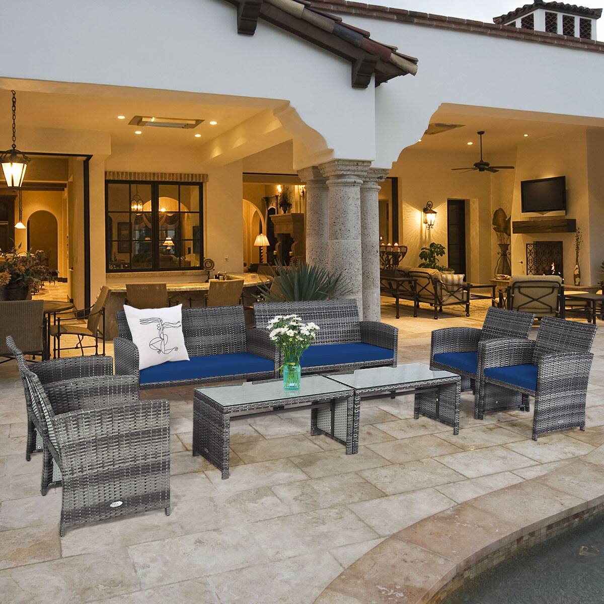 Alt View 1. Costway - Costway 8PCS Patio Rattan Furniture Set Conversation Glass Table Top Sofa Cushioned - Navy.