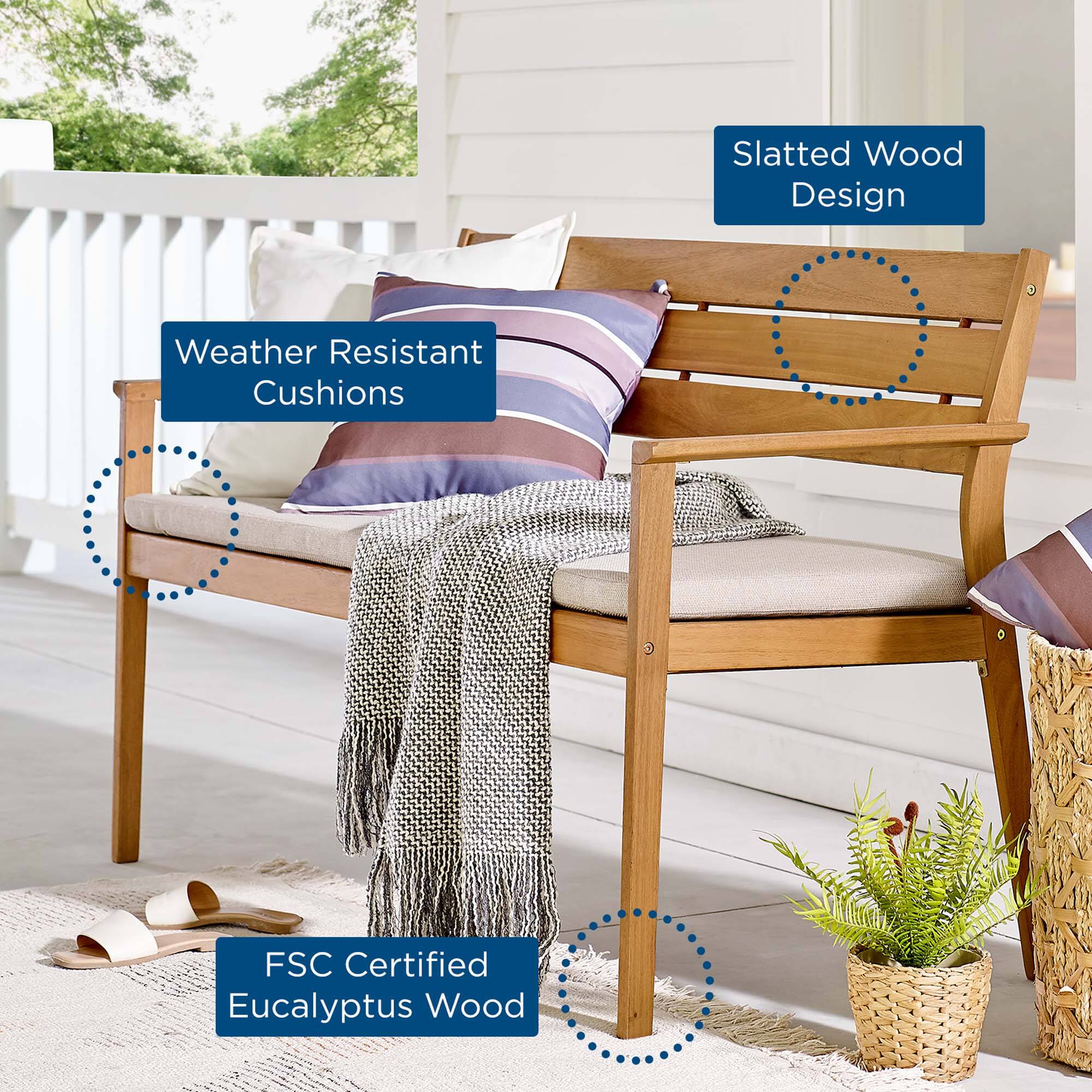 - Slatted Wood Design
- Weather Resistant Cushions
- FSC Certified Eucalyptus Wood