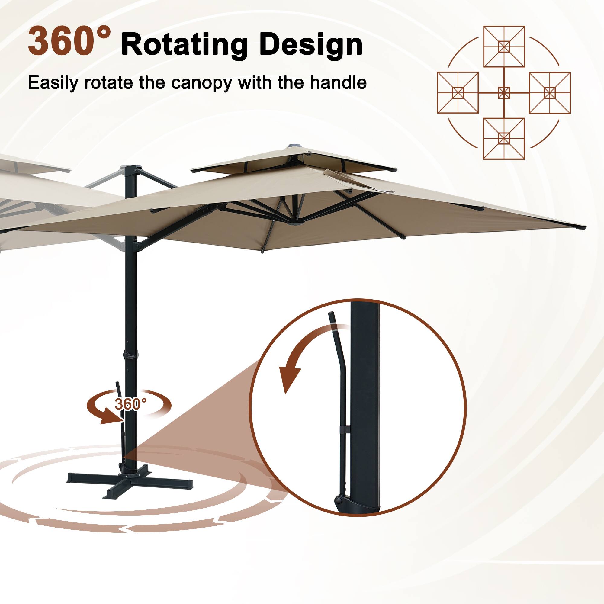 360° Rotating Design  
Easily rotate the canopy with the handle