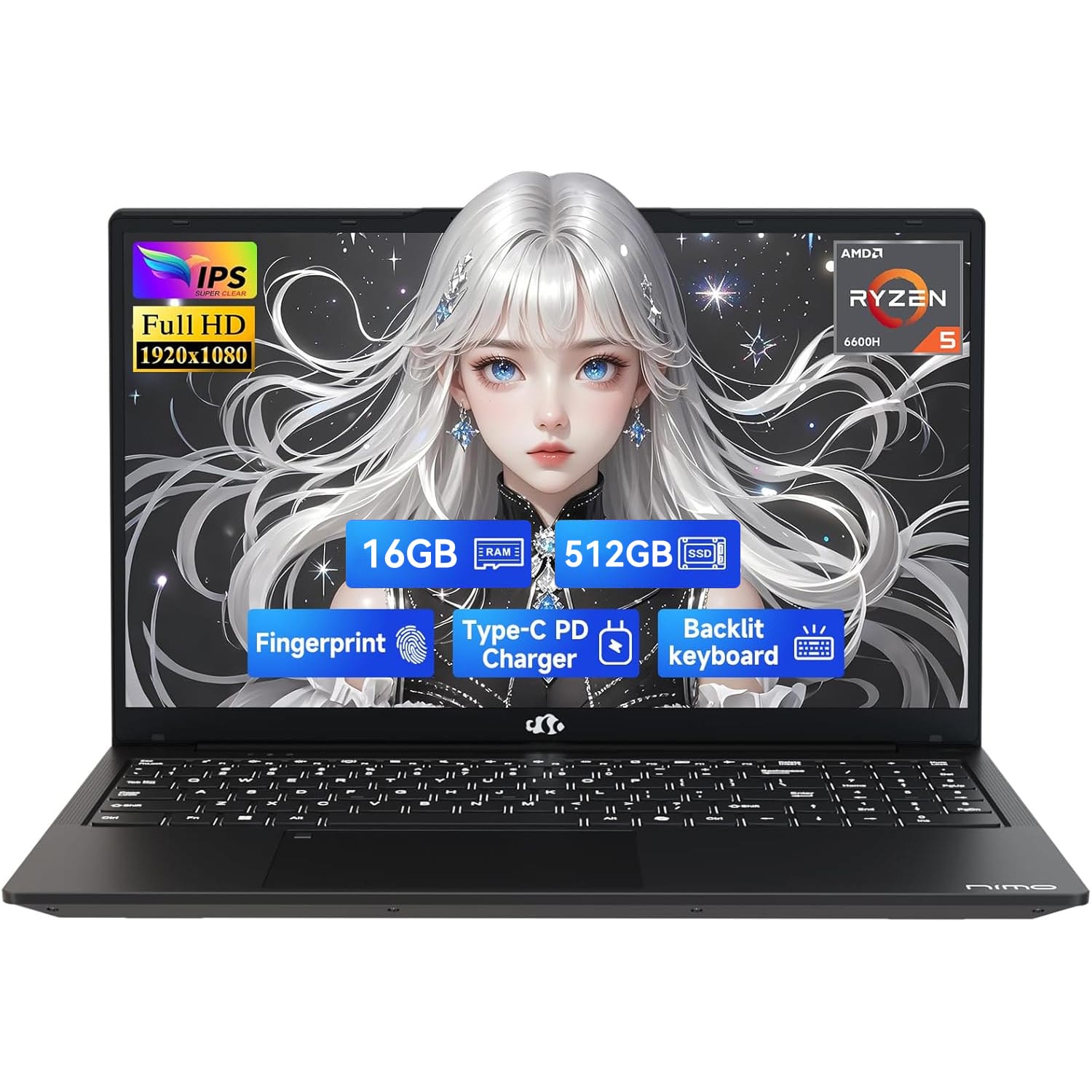 NIMO - 15.6 Gaming Laptop AMD Ryzen 5 6600H 6-Cores 16GB DDR5 RAM 512GB SSD 4.5GHz - Black