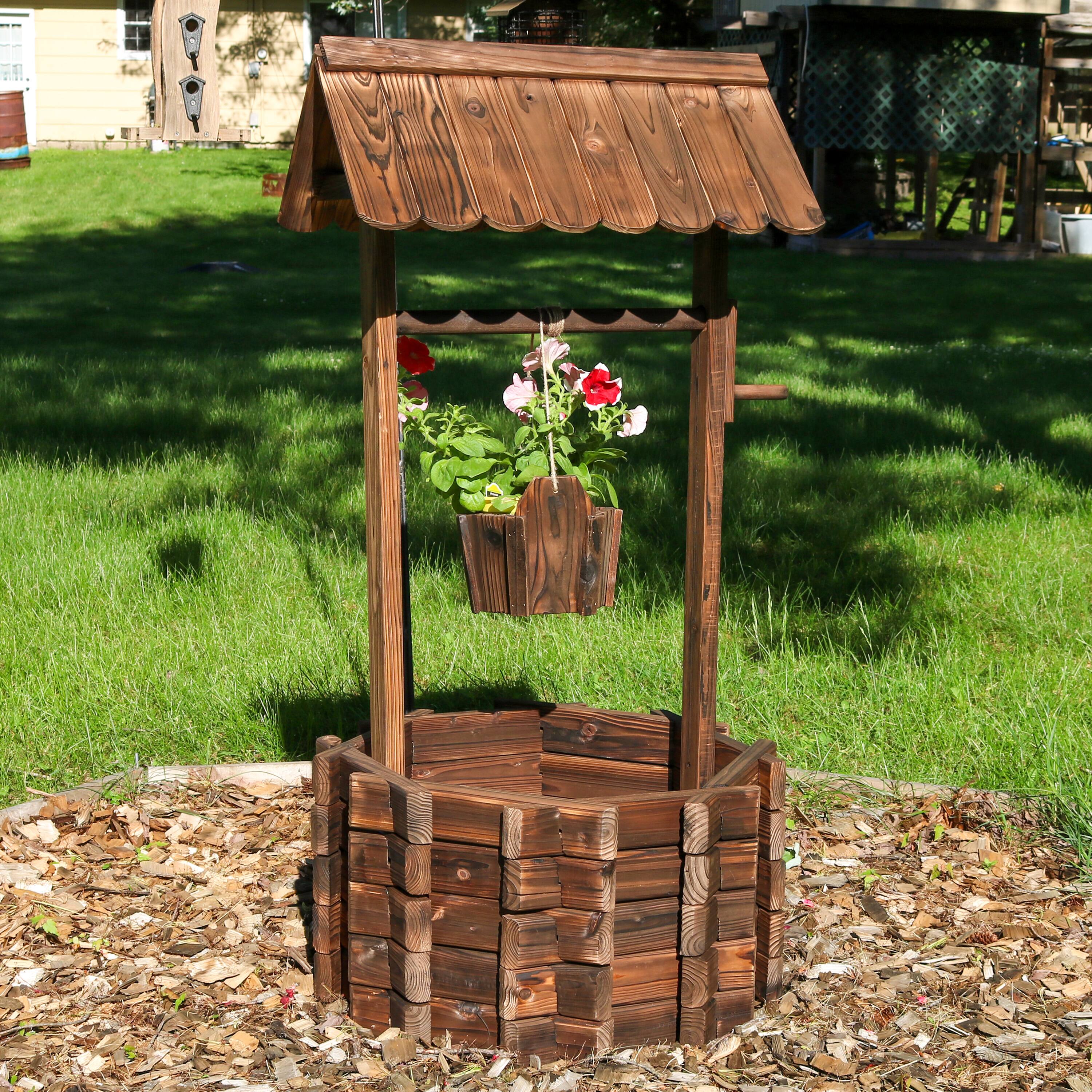 Alt View 3. Sunnydaze - 45 in 2-Tier Wooden Fir Wishing Well Hanging Garden Planter - Brown.
