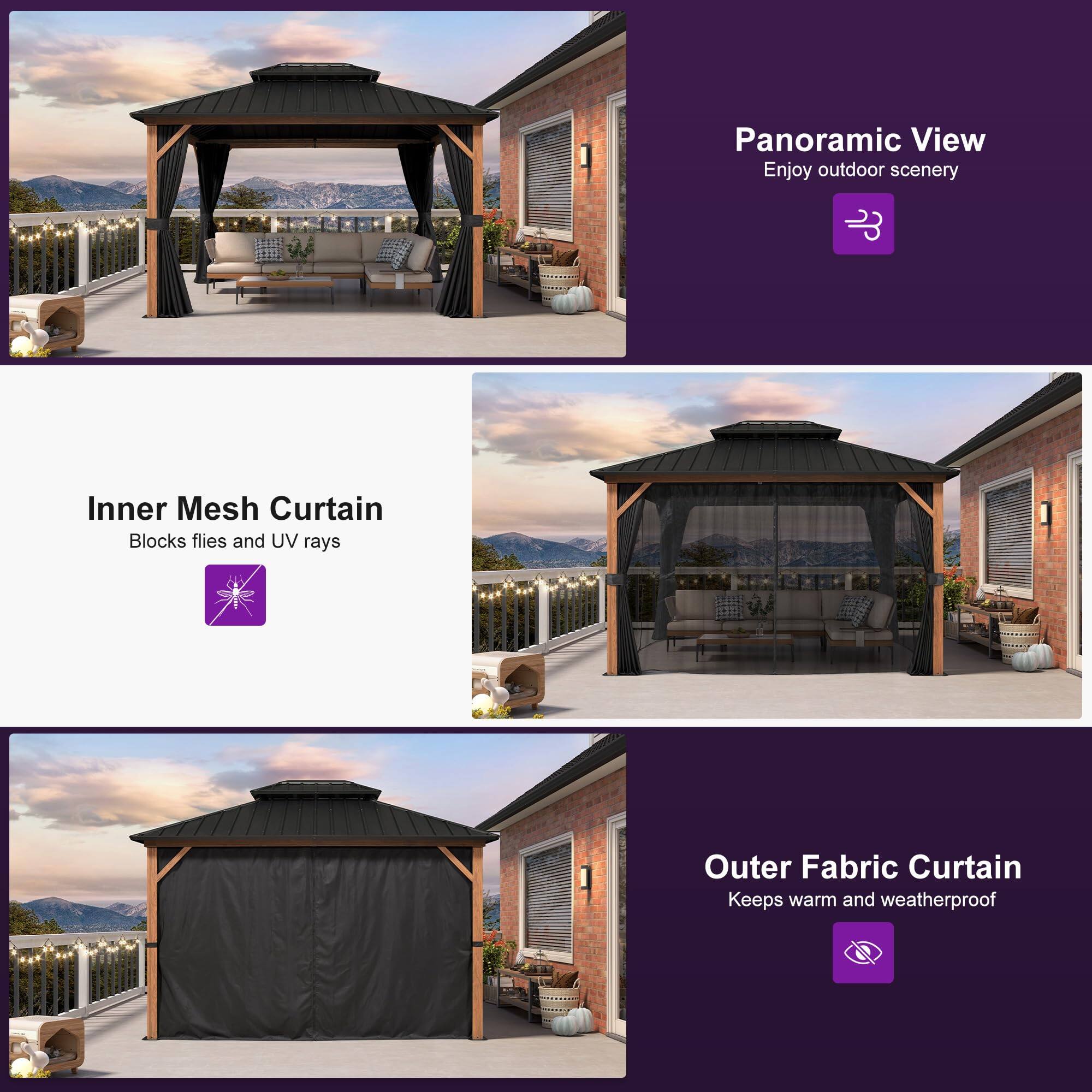Panoramic View  
Enjoy outdoor scenery  

Inner Mesh Curtain  
Blocks flies and UV rays  

Outer Fabric Curtain  
Keeps warm and weatherproof