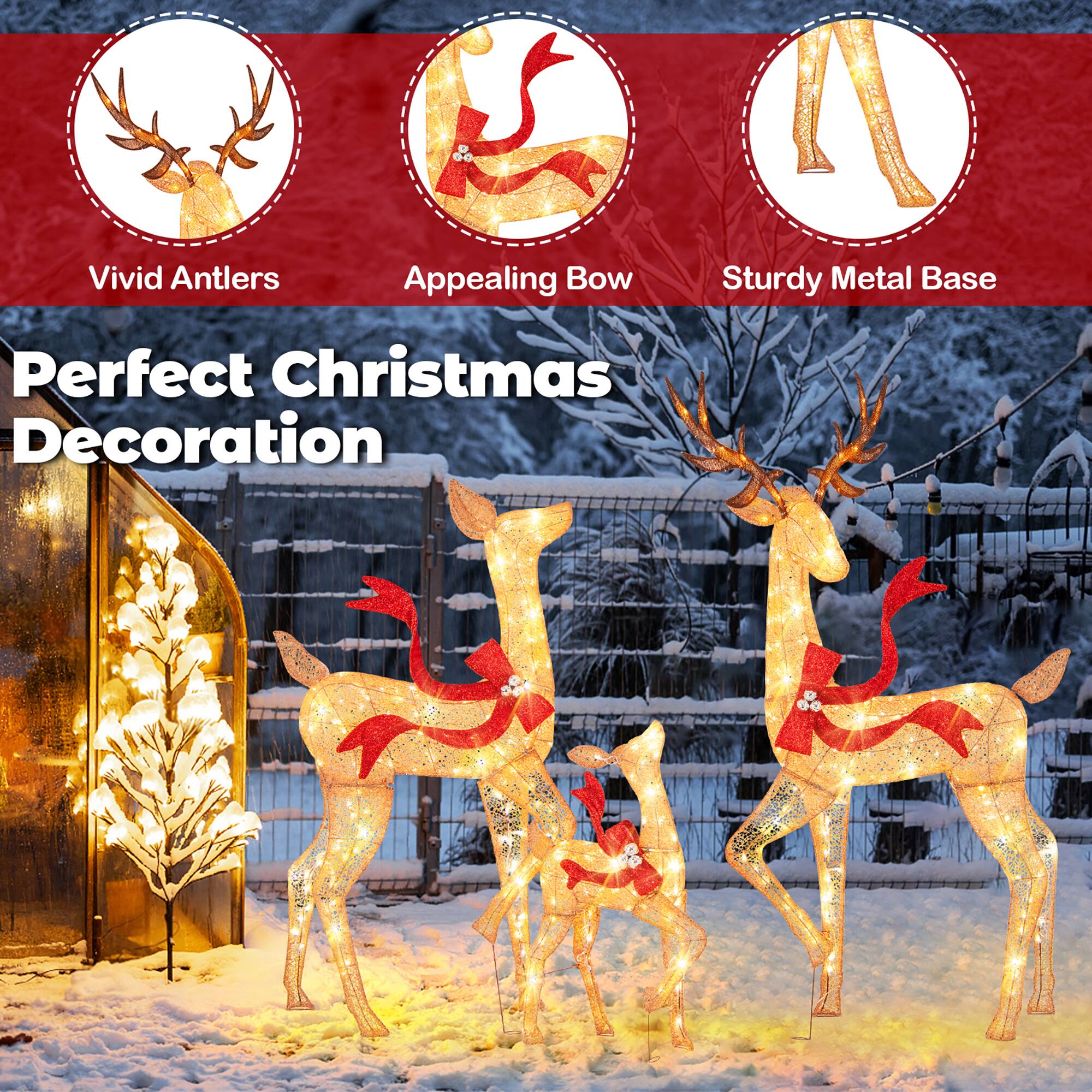 Perfect Christmas Decoration

- Vivid Antlers
- Appealing Bow
- Sturdy Metal Base