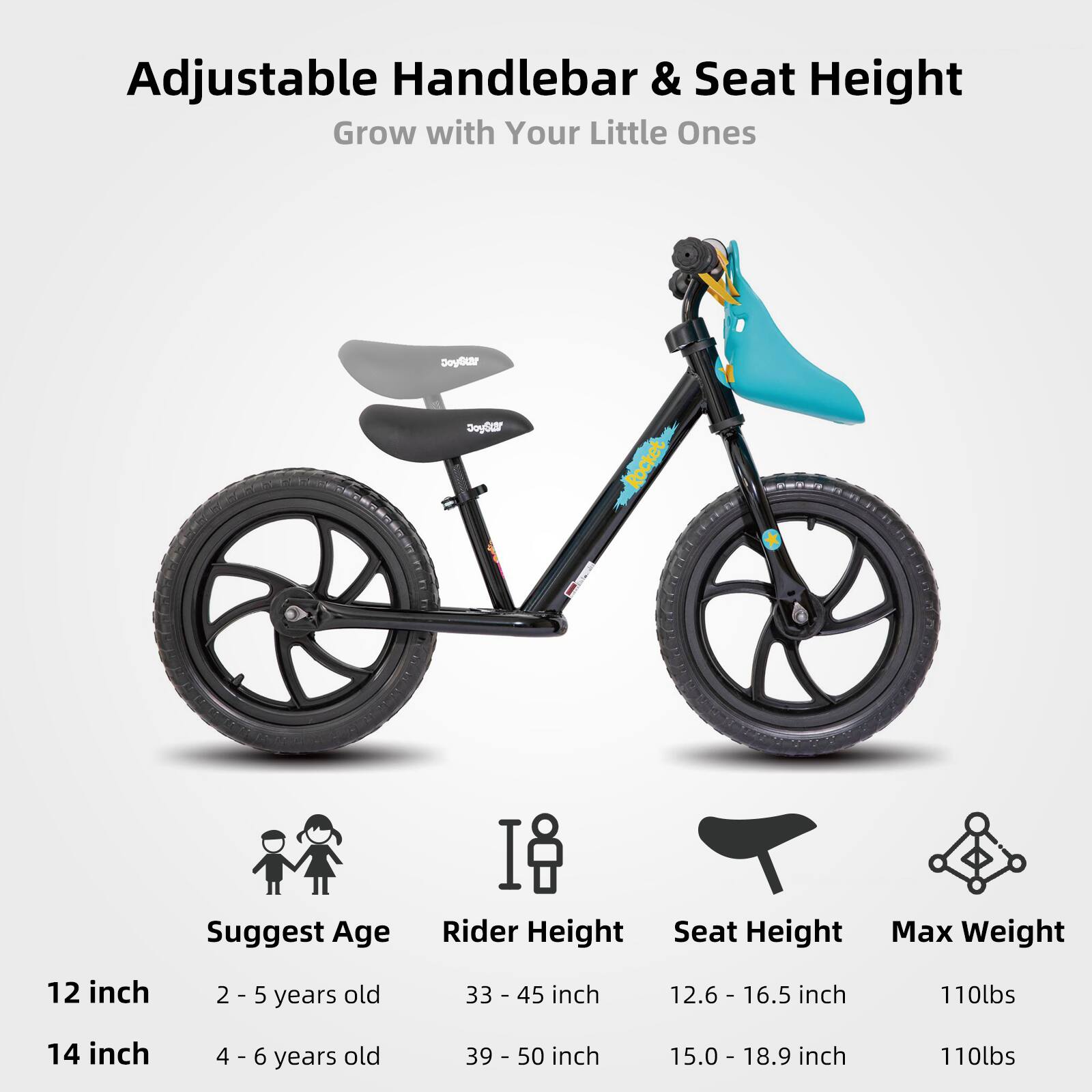 Adjustable Handlebar & Seat Height  
Grow with Your Little Ones  

Suggest Age | Rider Height | Seat Height | Max Weight  
12 inch | 2 - 5 years old | 33 - 45 inch | 12.6 - 16.5 inch | 110lbs  
14 inch | 4 - 6 years old | 39 - 50 inch | 15.0 - 18.9 inch | 110lbs