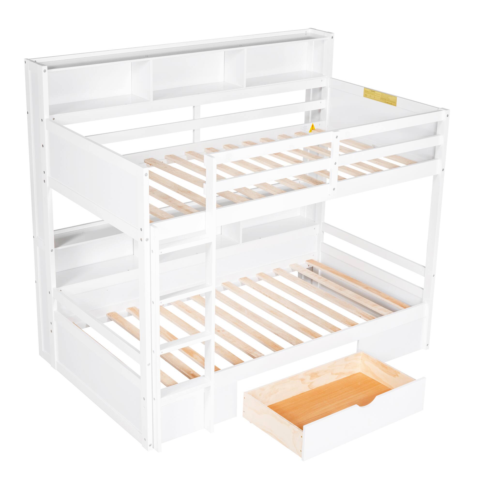 Alt View 2. Anysun - Twin Size Bunk Bed with Built-in Shelves & Storage Drawer, Space-Saving Wooden Bunk Bed for Kids or Dorm Room - White.