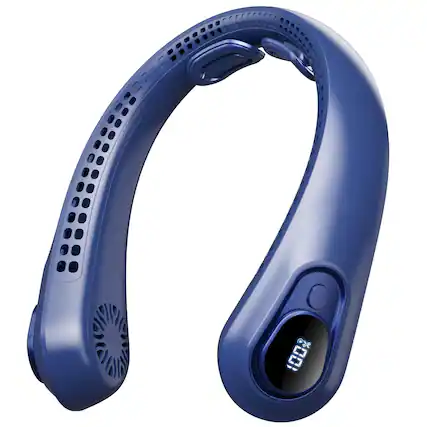 Front. PRIMEPLUS - Portable Neck Fan Rechargeable with LED Display, 5 Speeds 5000mAh Bladeless Wearable Fan for Outdoor Travel Gift - Dark Blue.