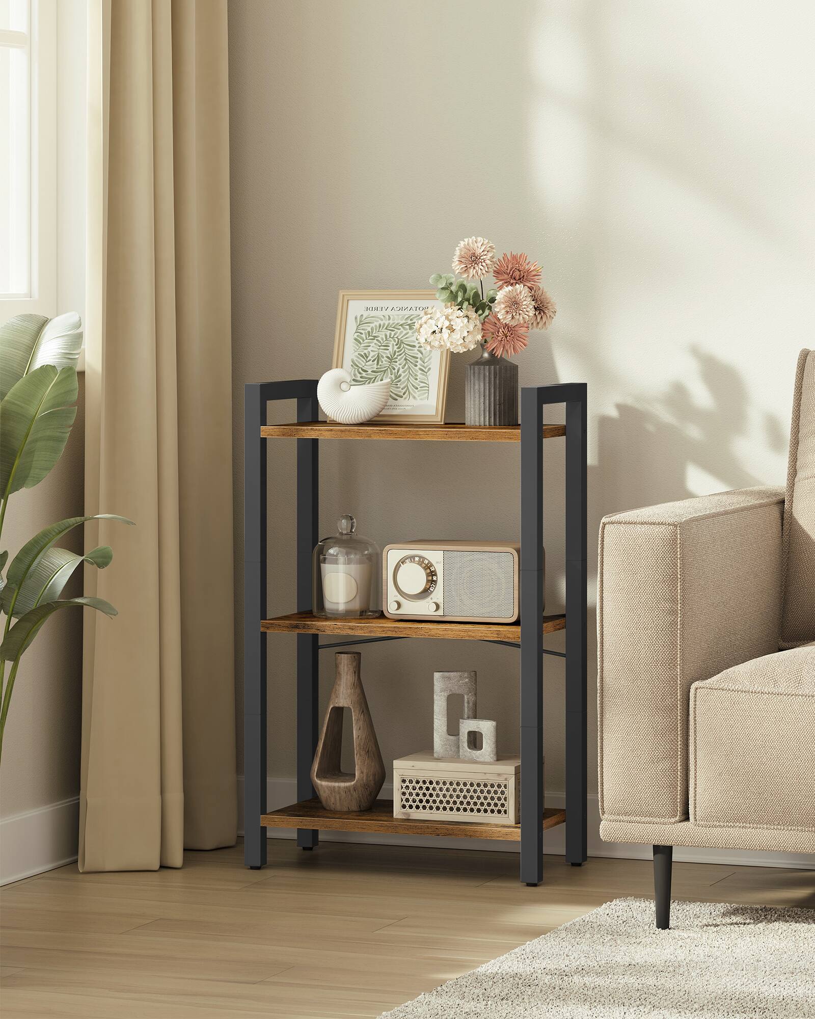 Alt View 3. Songmics Home - 3-Tier Bookshelf, Bookcase with Steel Frame, Book Shelf for Living Room, Home Office, Study, 9.4 x 15.7 x 30.1 Inches - Rustic Brown and Ink Black.