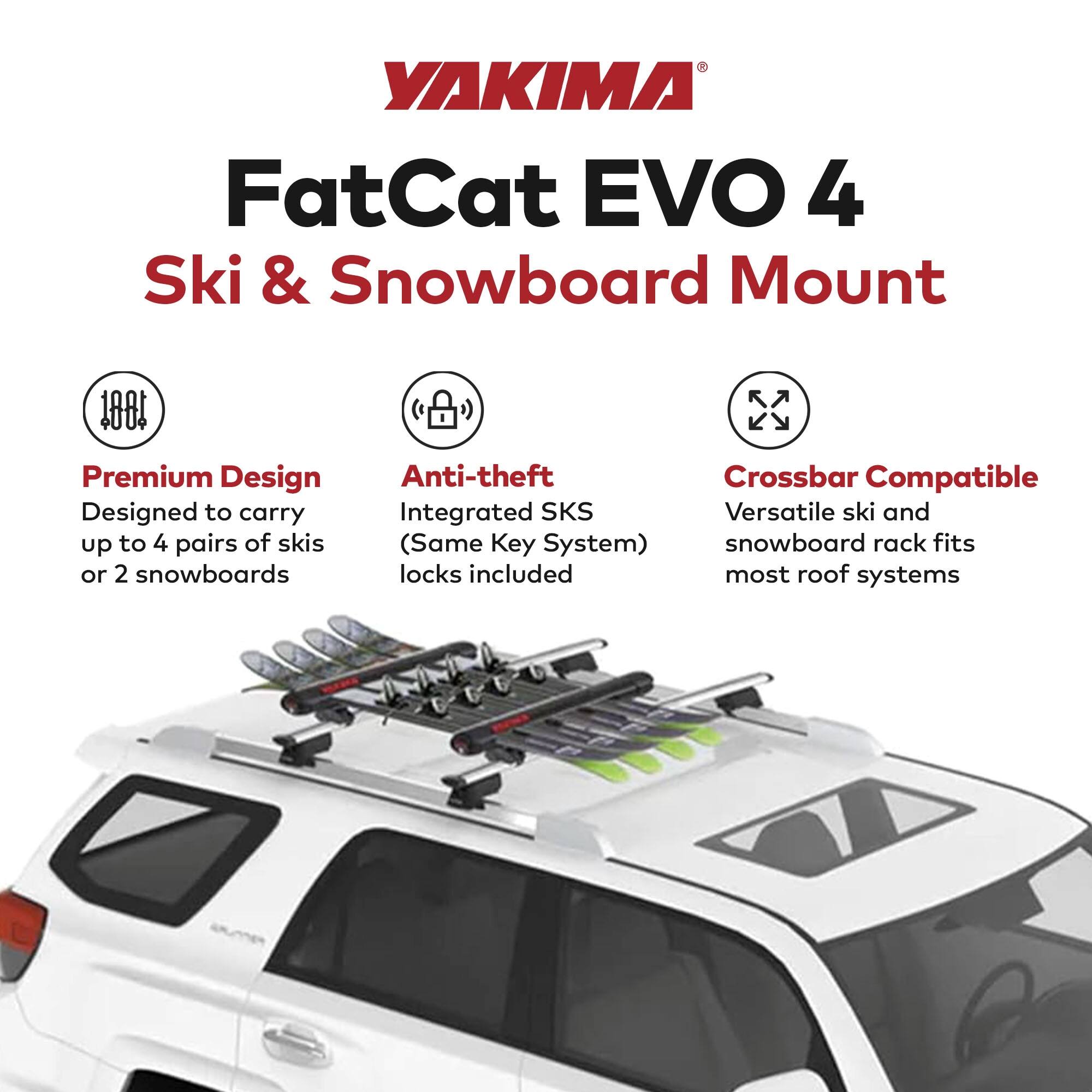 Yakima FatCat EVO 4 Skis or 2 Snowboards Mount Roof Rack, Fits T Slot ...