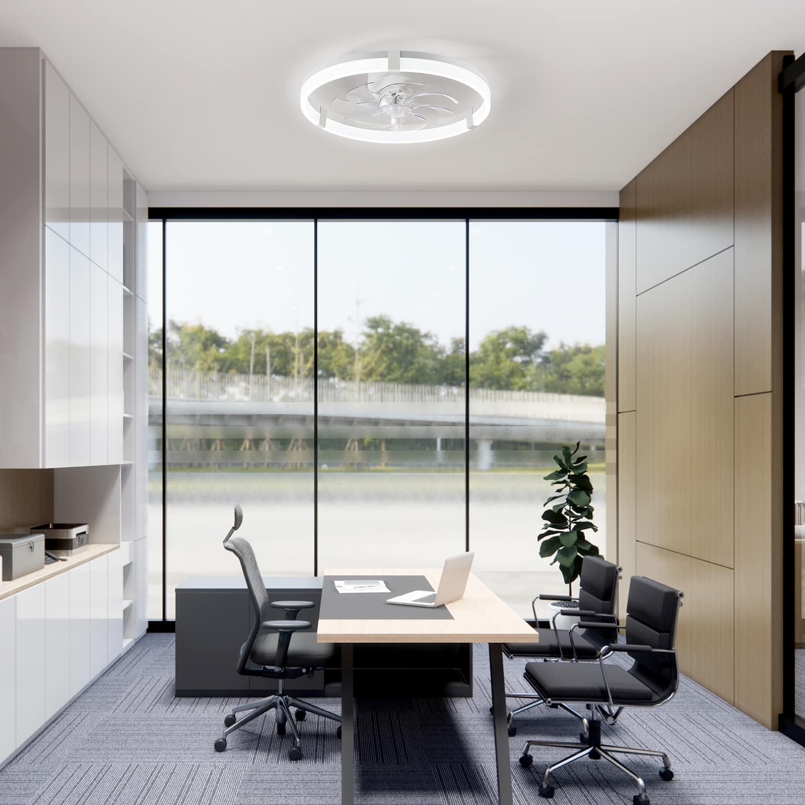 Front. Breezary - 20-Inch Caged KD Ceiling Fan with LED Light, Remote Control, 6-Speed Quiet DC Motor, Flush Mount Low Profile Design - Matte White.