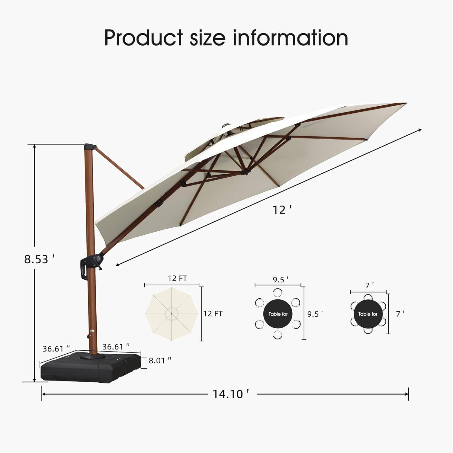 Product size information

- 12' 8.53'
- 12 FT
- 9.5'
- 7'
- 12 FT Table for 9.5'
- 12 FT Table for 7'
- 36.61"
- 36.61"
- 8.01"
- 14.10"