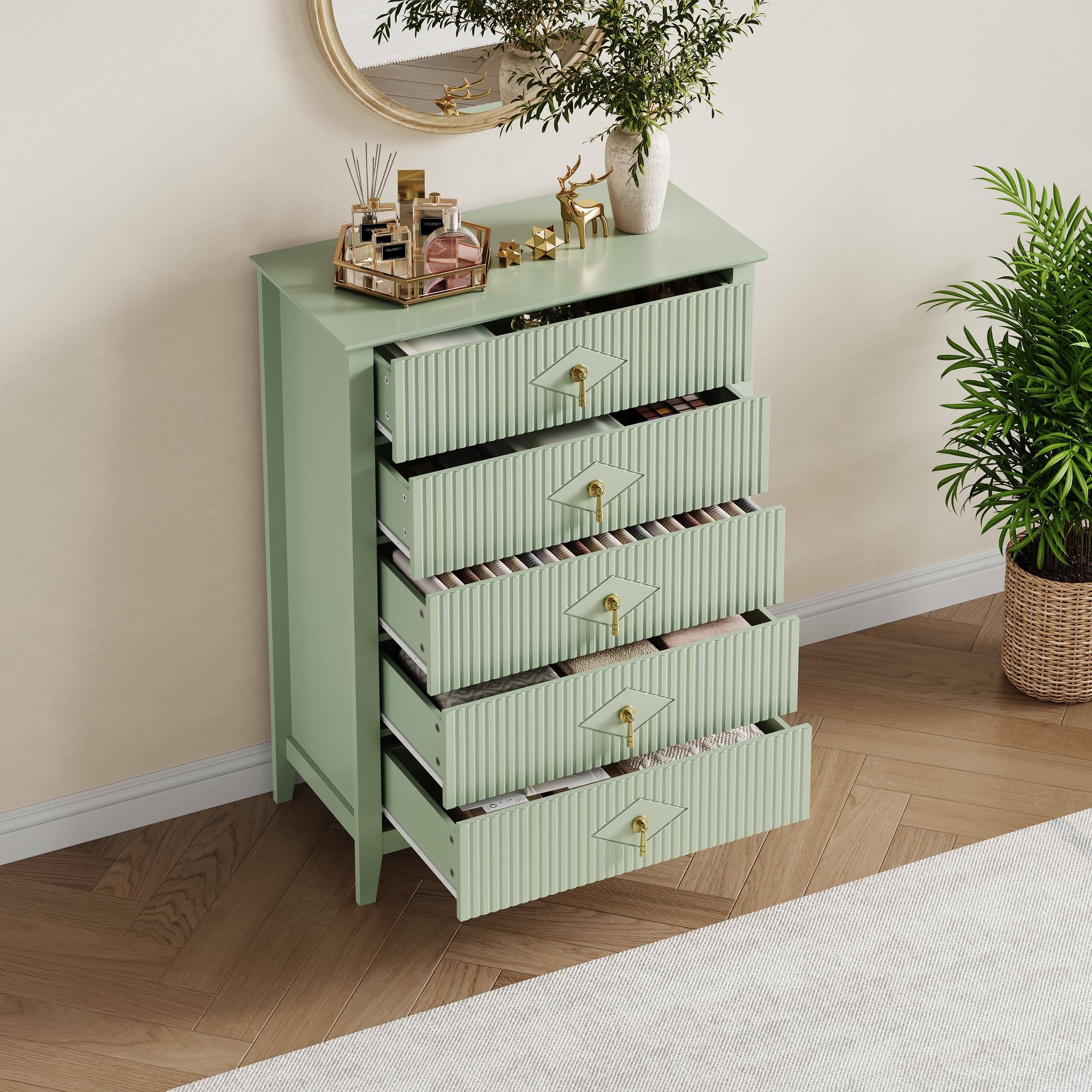 Alt View 2. GARVEE - Tall 5 Drawer Fluted Dresser, 42.9" Modern Wood Chest with Ample Storage Organization - Green.
