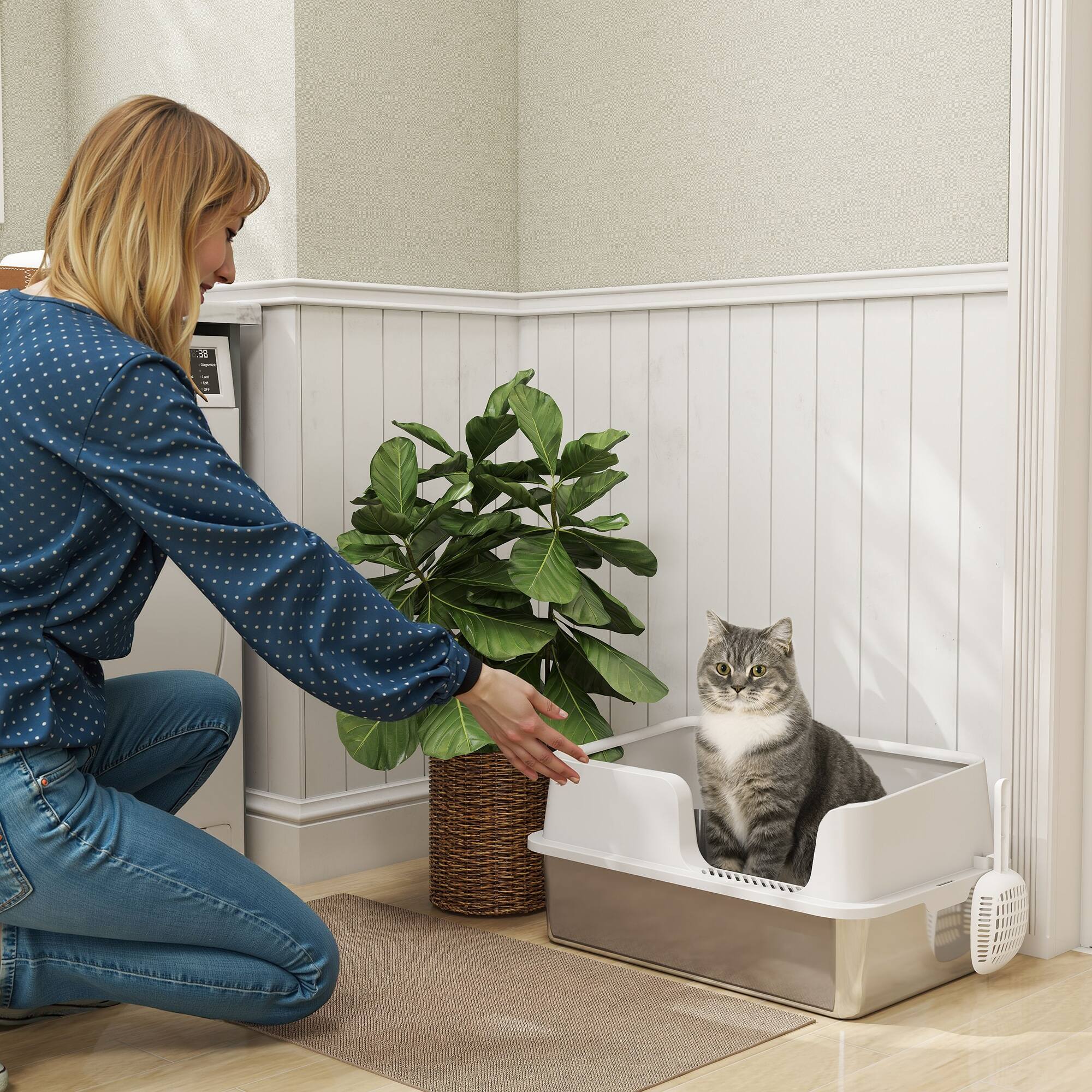 Angle. Pawhut - Litter Box, Cat Litter Box, High Side, Kitten Litterbox for Big Cats with Scoop, Easy Cleaning & Anti-Urine Leakage - Light Gray.