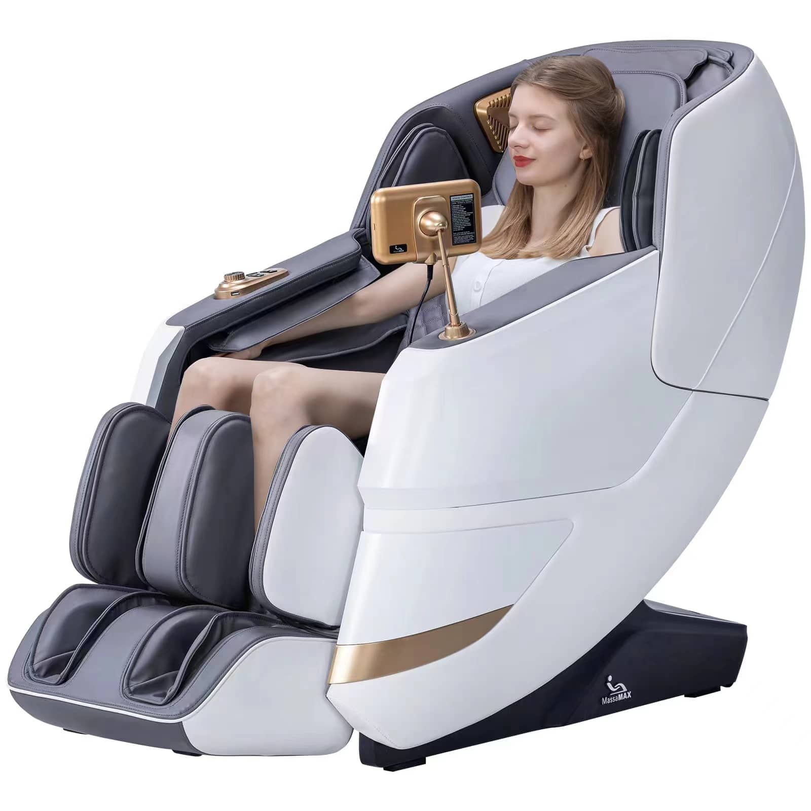 Front. MassaMax - MassaMAX MT339 4D Massage Chair, Electric Extendable Footrest, Zero Gravity, With Touch Screen, Quick Access Buttons - White.