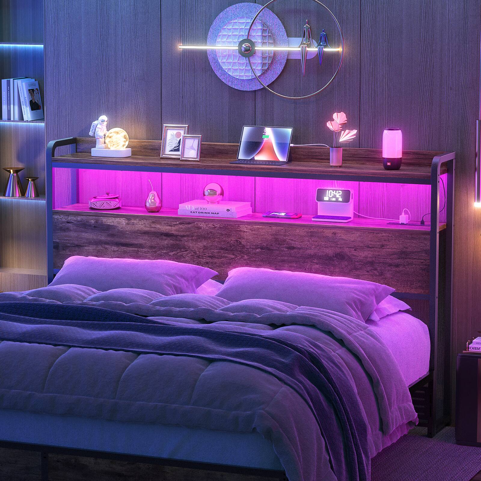 Alt View 5. Aheaplus - King Headboard Only, Headboard with Power Outlets and LED Lights for King Size Bed, Easy Assembly - Brown.