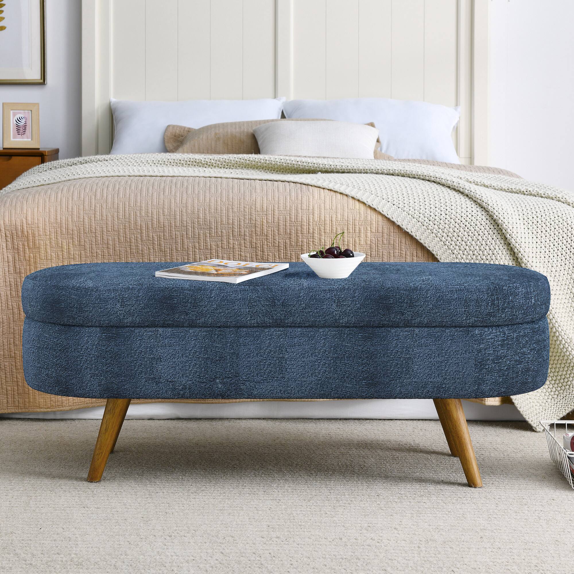 Alt View 1. GOODSILO - Elegant Fabric Storage Ottoman Bench with Wooden Legs for Living Room or Bedroom Footrest and Seating - Dark Blue.