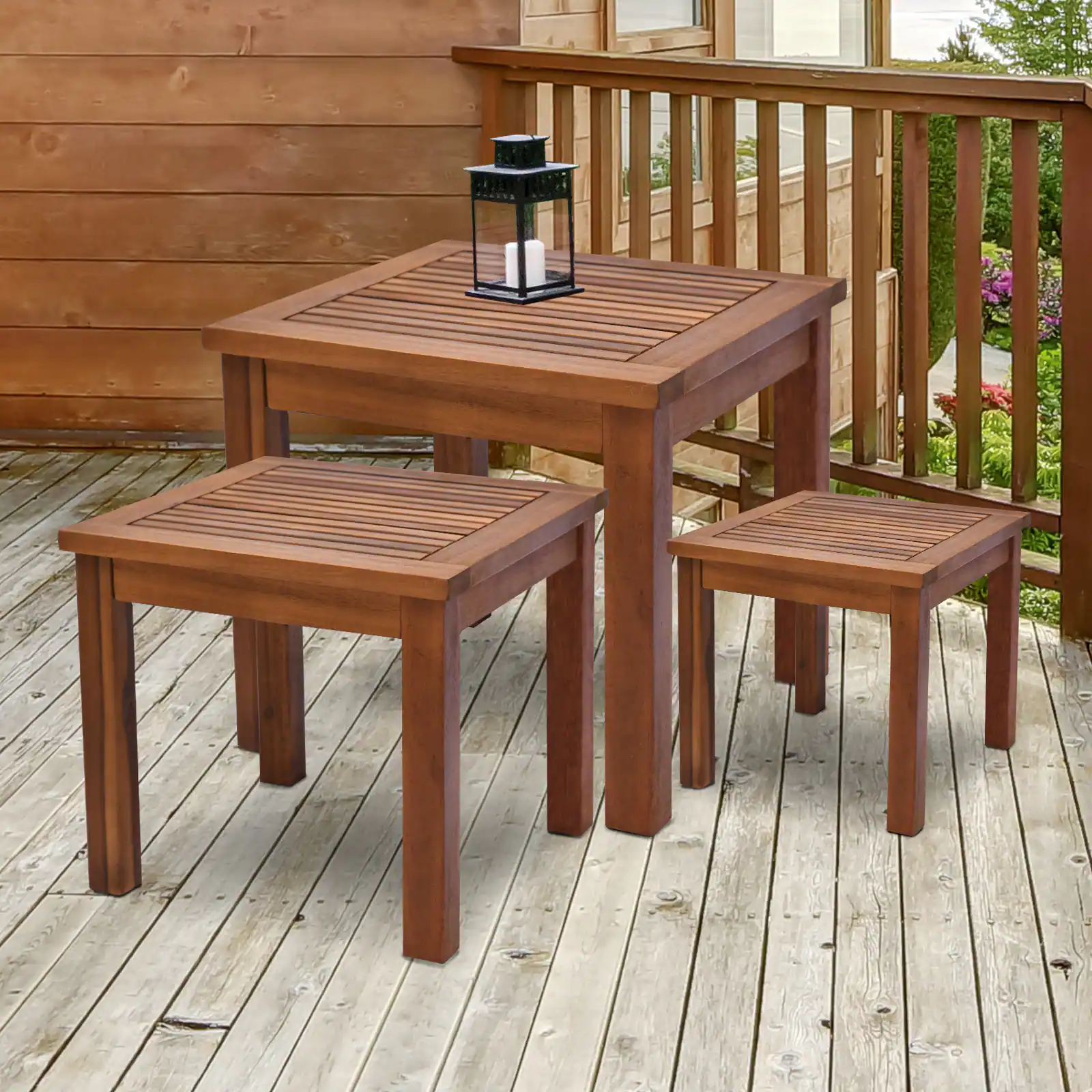 Alt View 1. Outsunny - 3 Piece Outdoor Side Nesting Table Patio Set with Acacia Wood Build & Multi-Functional Design - Teak.