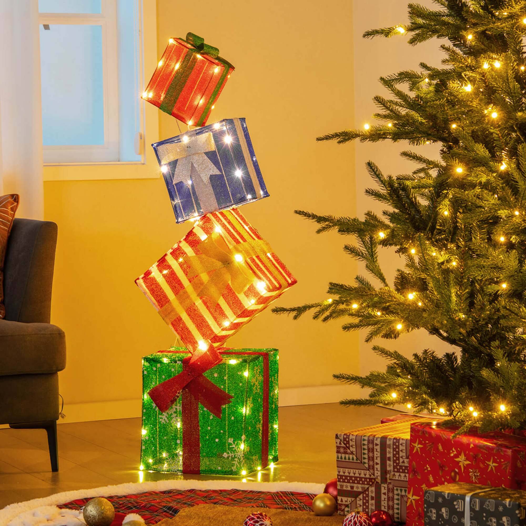 Alt View 5. Costway - Costway Lighted Gift Boxes Set of 4 with Warm White LED Lights & Pre-Assembled Ribbons - Multicolor.