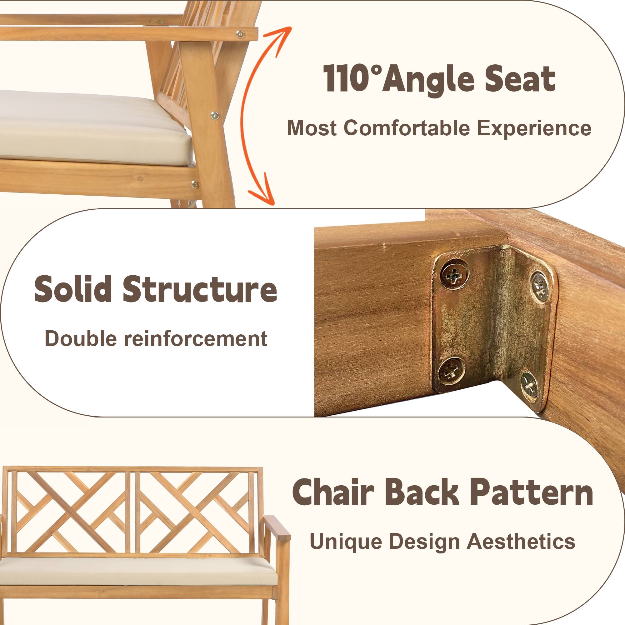 110° Angle Seat  
Most Comfortable Experience  

Solid Structure  
Double Reinforcement  

Chair Back Pattern  
Unique Design Aesthetics