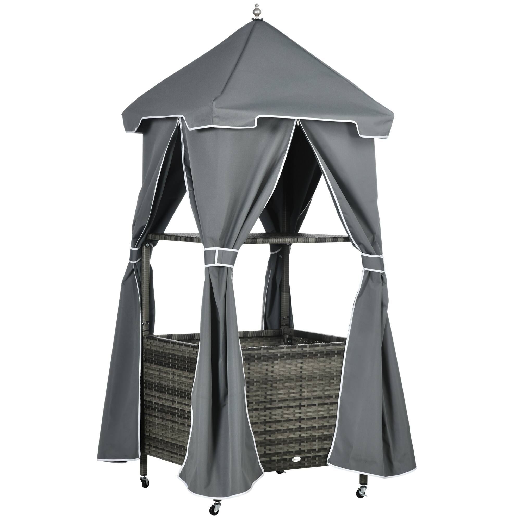 Front. Outsunny - Outdoor Towel Valet Caddy, Covered Poolside Towel Holder Rack, Shelf, Basket - Gray.