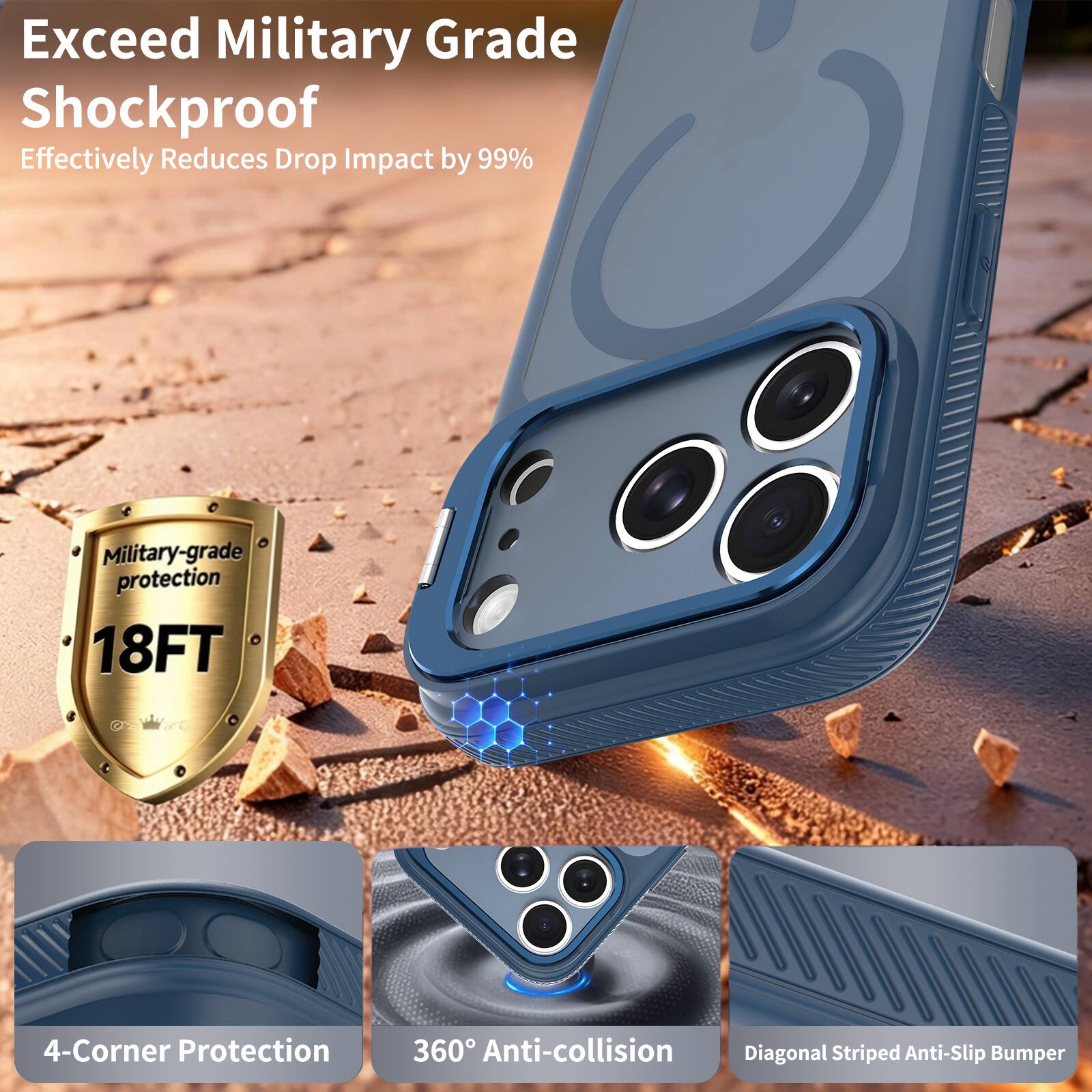 Exceed Military Grade Shockproof  
Effectively Reduces Drop Impact by 99%  

Military-grade protection 18FT  

4-Corner Protection  
360° Anti-collision  
Diagonal Striped Anti-Slip Bumper