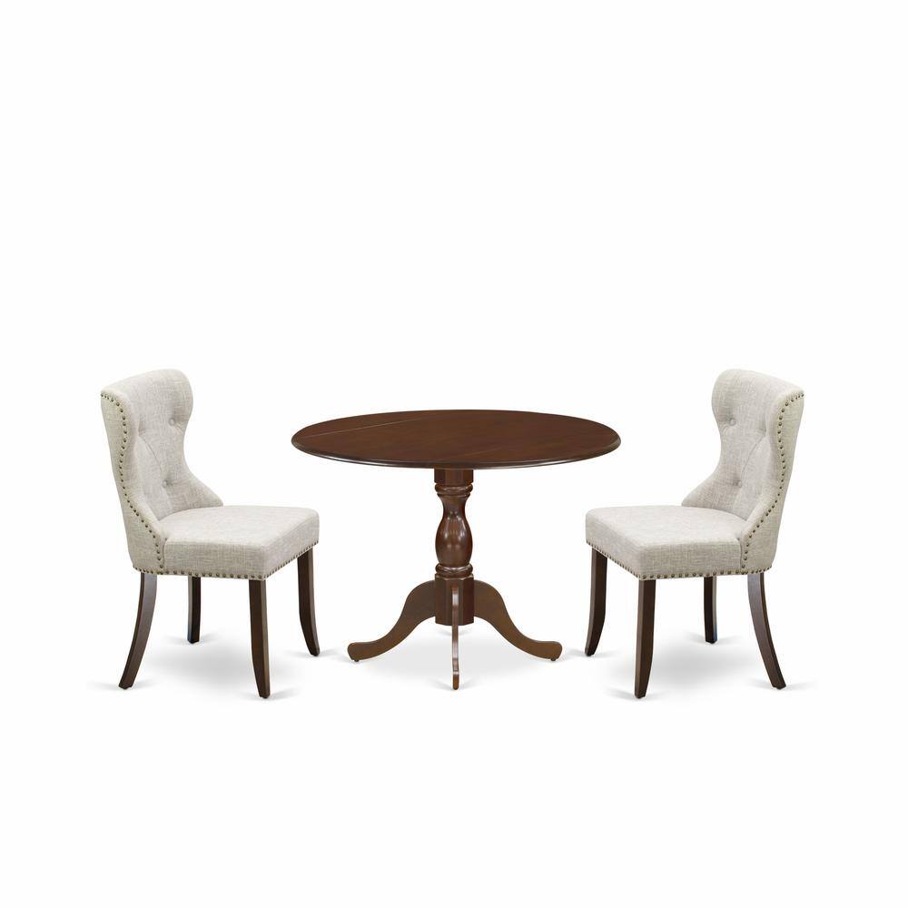 Left. East West Furniture - East West Furniture DMSI3-MAH-35 3 Piece Modern Dining Table Set - Mahogany Kitchen Table and 2 Doeskin Linen Fabric - Mahogany.