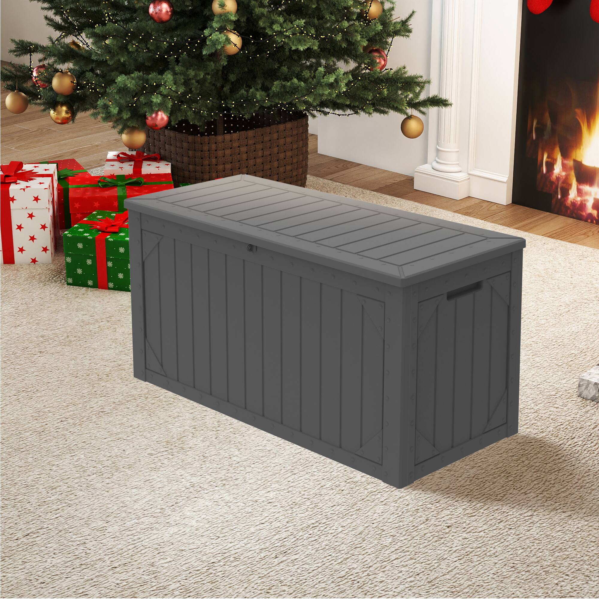Left. Decksplore - 110-Gallon Waterproof Resin Storage Bench for Patio Furniture, Outdoor Deck Box with Lock, Garden Tools, UV Resistant - Grey.