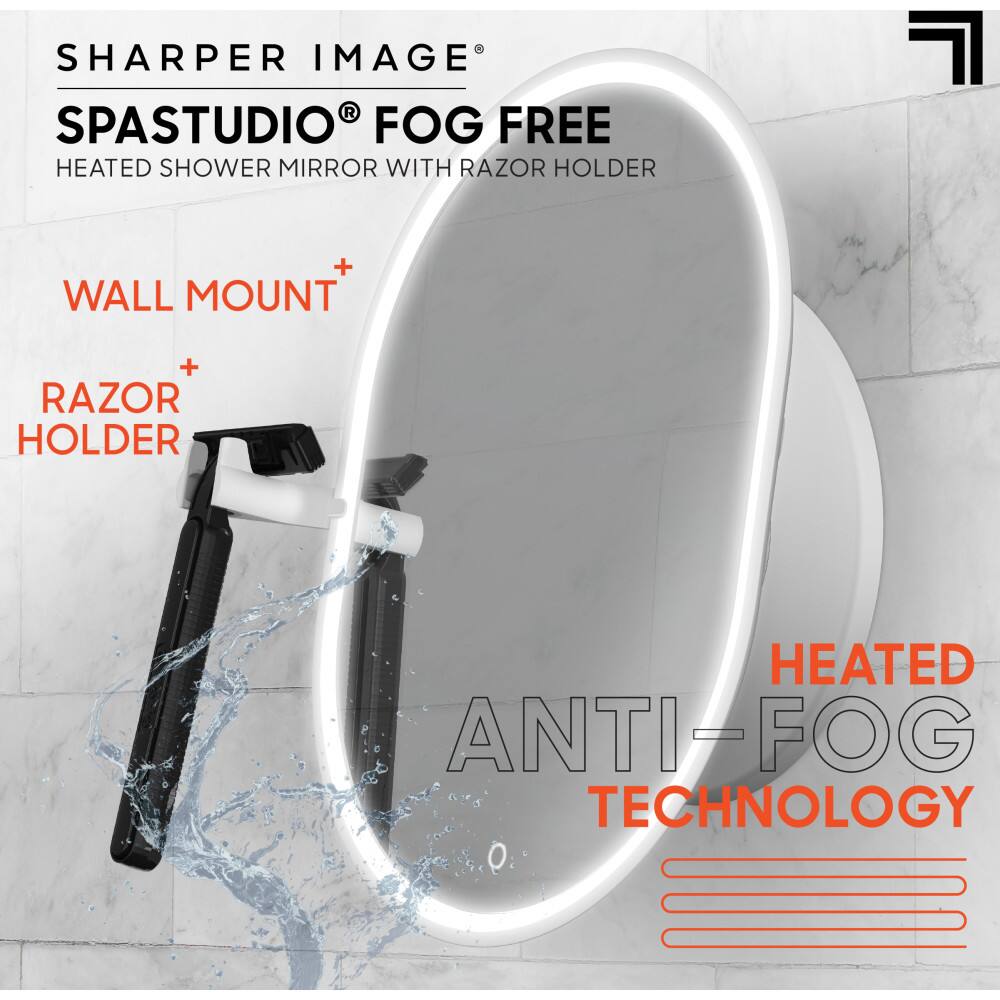 SHARPER IMAGE R SPASTUDIO FOG FREE HEATED SHOWER MIRROR WITH RAZOR HOLDER + WALL MOUNT + RAZOR HOLDER HEATED ANTI-FOG TECHNOLOGY